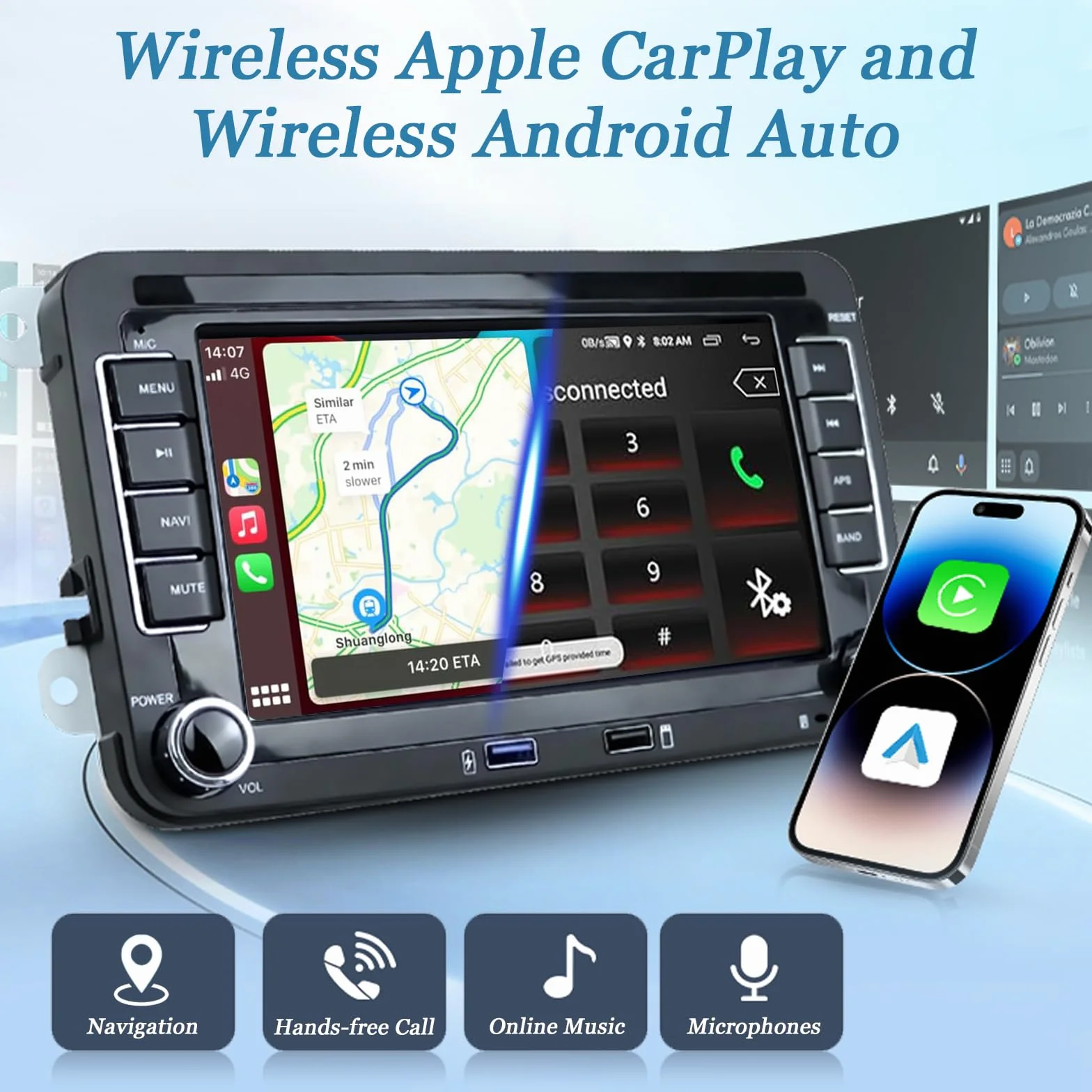 VW Auto radio of Golf 5 6 Doppio Din compatibile con CarPlay wireless/Android Auto per VW Polo Passat Caddy EOS T5 Touran con 7 Pollici IPS Mirror Link Bluetooth/FM/AM/USB/EQ/SWC