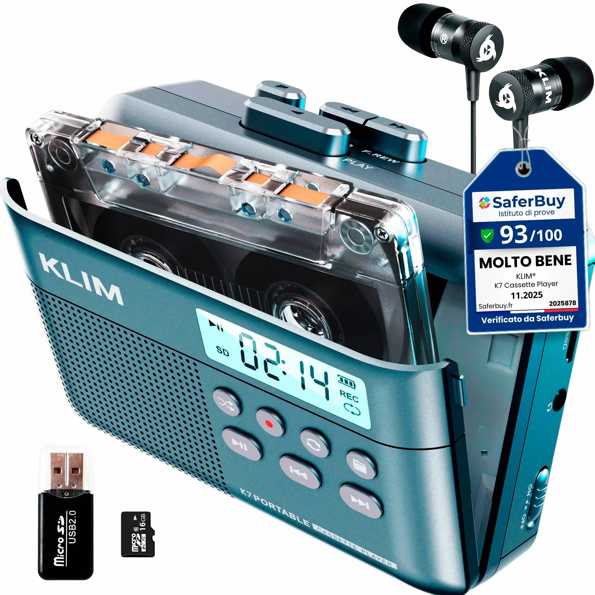 K7 Cassette Player - Convertitore Cassette MP3 - Lettore Cassette Audio Portatile - Microfono e Altoparlante Incorporati - Batteria Ricaricabile - Auricolari - Scheda SD da 16 GB - Blu
