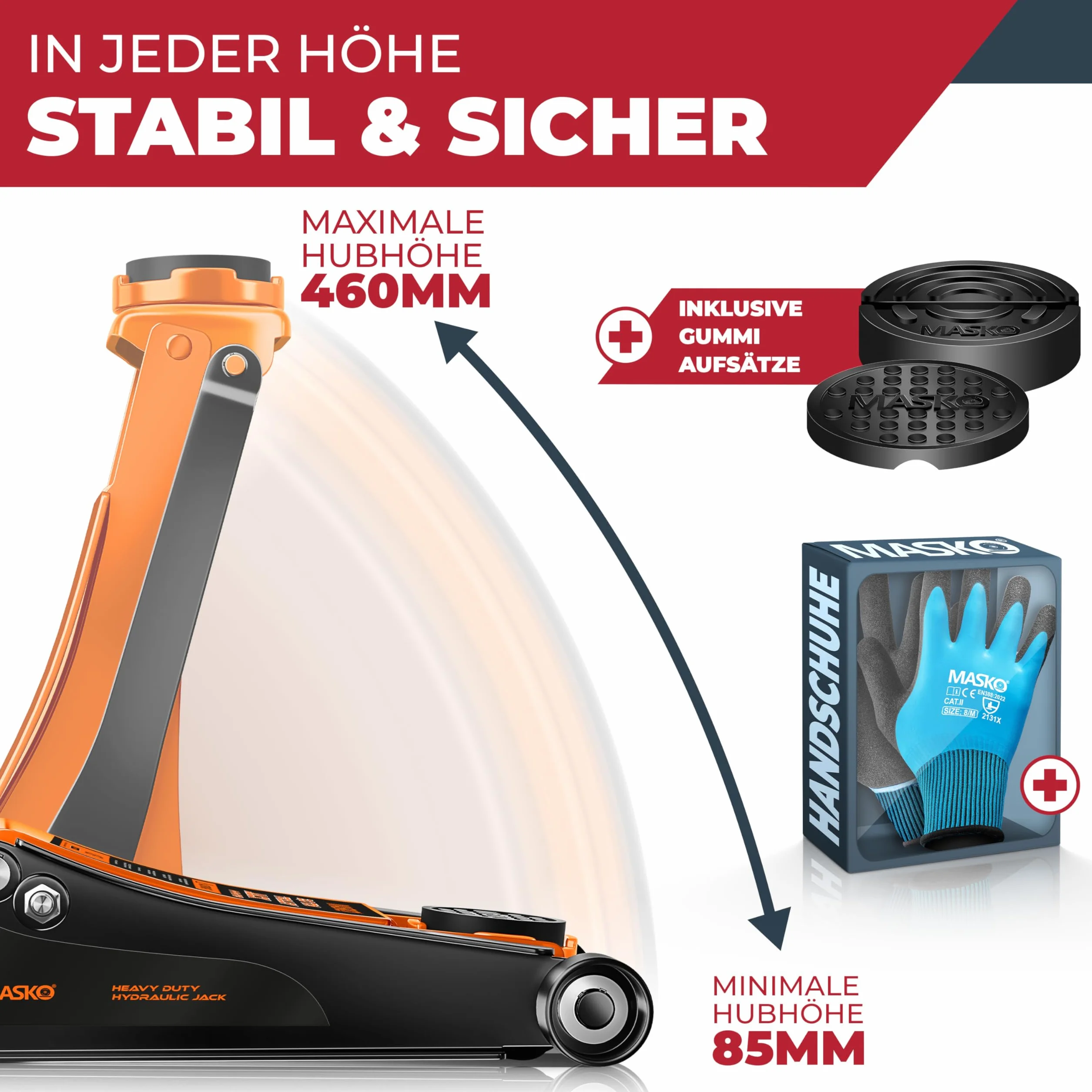 MASKO Cric idraulico 3T altezza sollevamento 70-470 mm doppio pistone 360°