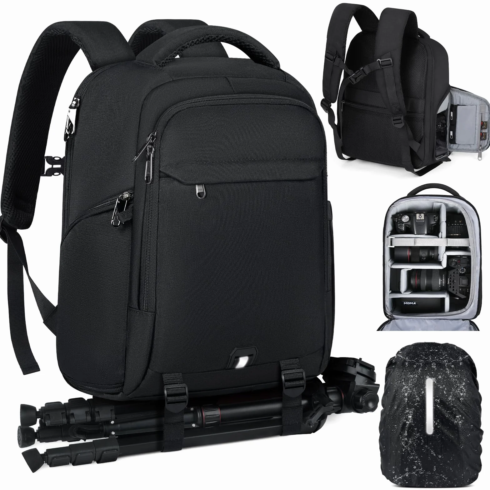RAINSMORE Zaino Fotografico Professionale per Computer da 14 Pollici Zaini per Fotocamera per Fotografi Copertura Antipioggia Borsa Fotografica DSLR per Canon Nikon Sony Nero