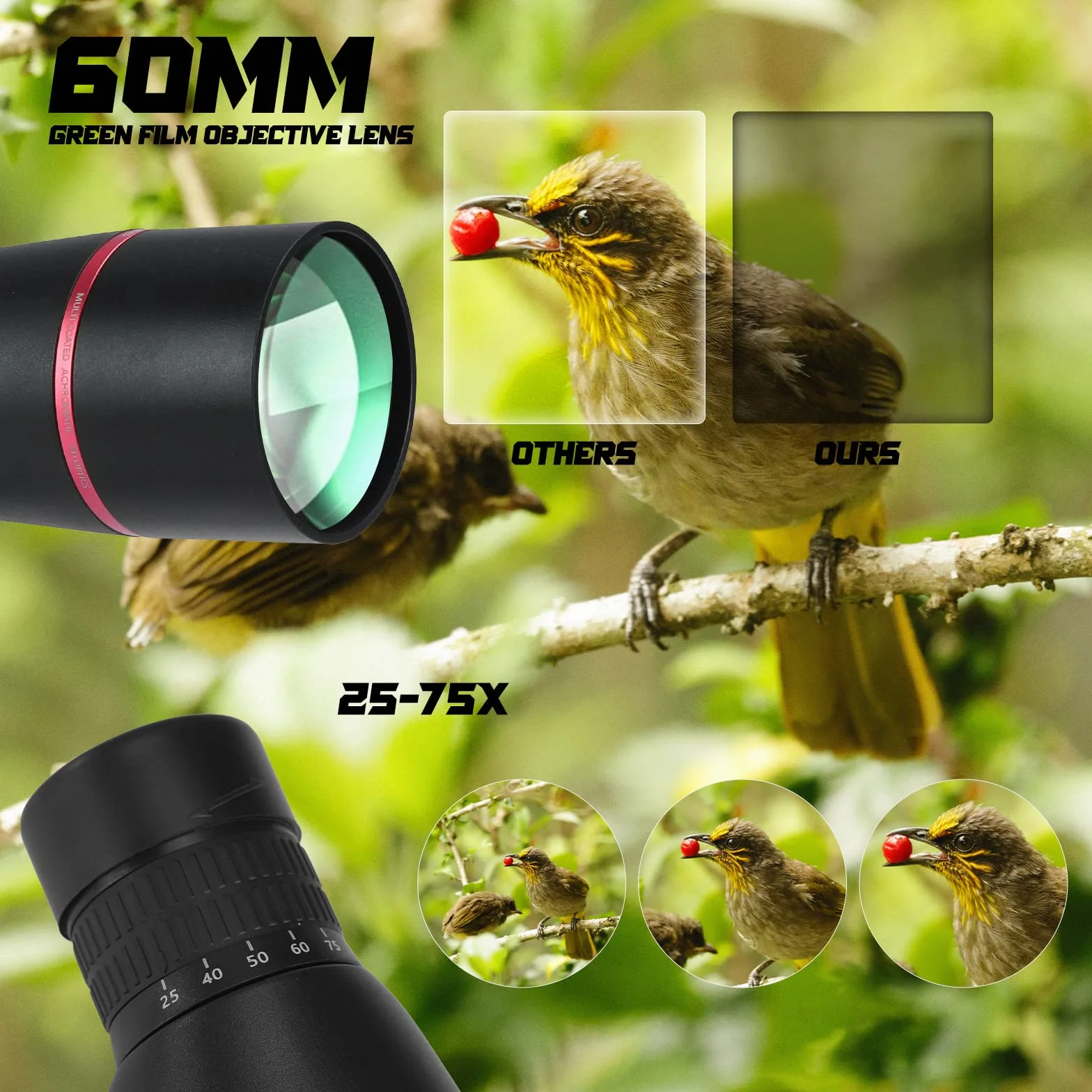 Cannocchiale, Telescopio Ultra HD 25-75X60, doppia messa a fuoco ED, impermeabile Cannocchiale FMC Lens-BAK4 Prism con custodia per il trasporto Treppiede per il tiro al bersaglio Caccia Bird Watching