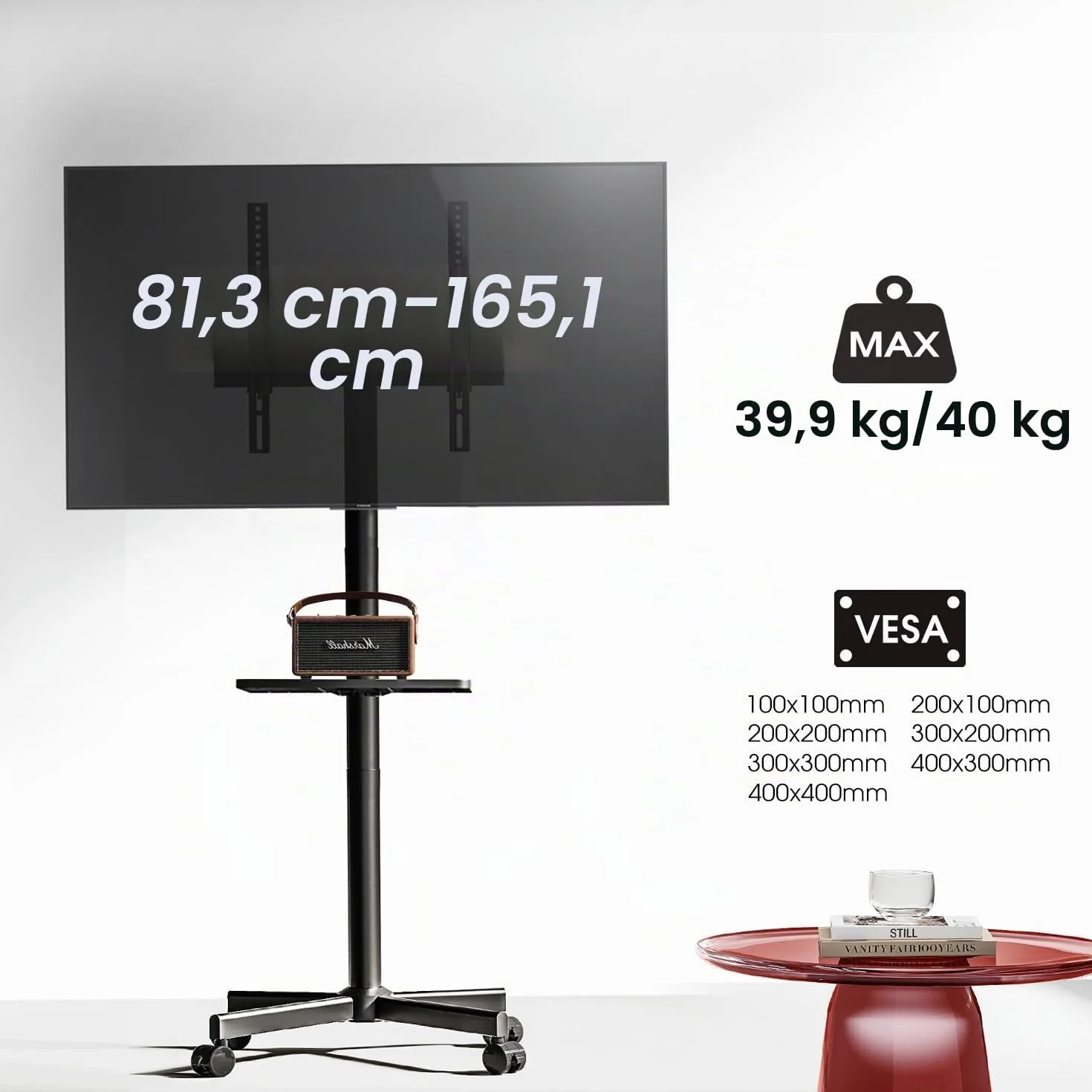 AOKCOS Supporto per TV da 32 a 65 pollici, carrello regolabile con ruote, VESA 400x400 mm, 40 kg, nero