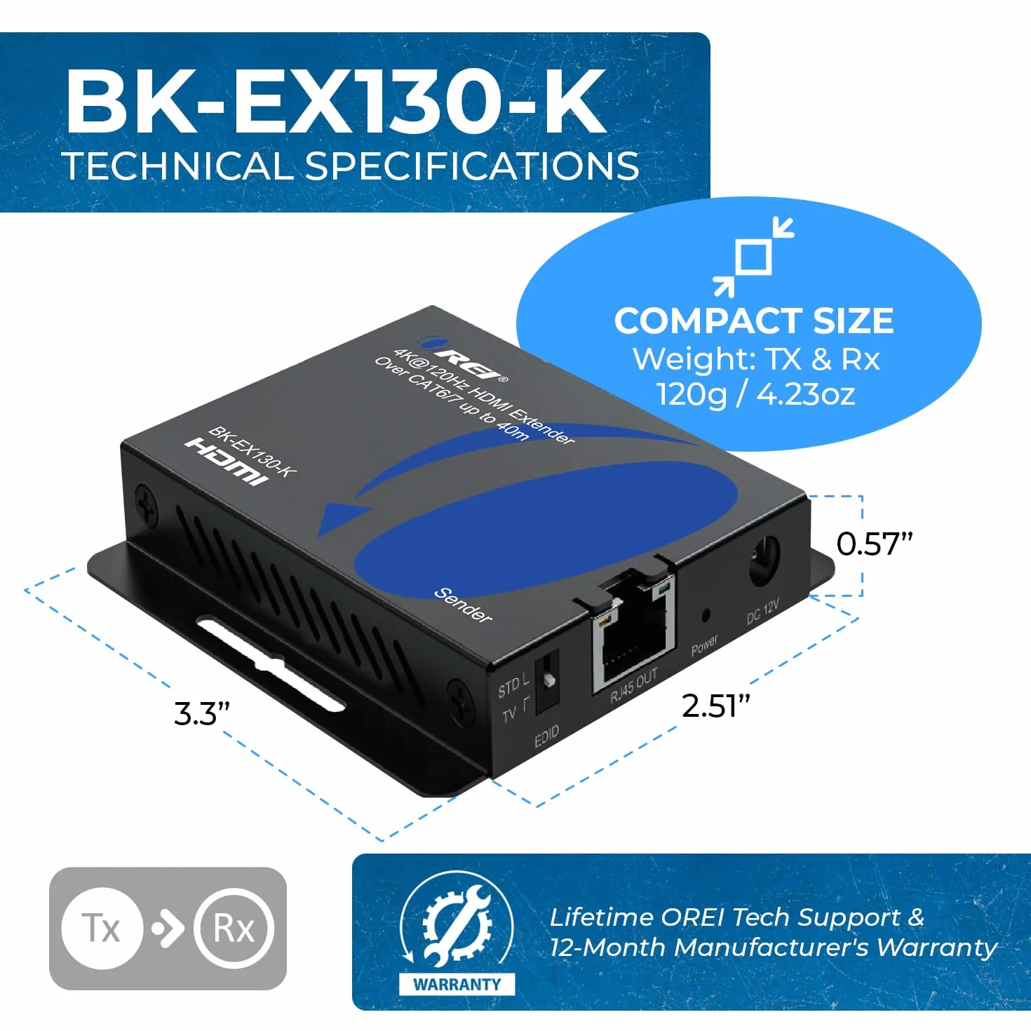 OREI Extender Balun UltraHD 4K 120Hz HDMI Over Ethernet CAT6/7 HDR IR Bidirezionale 130m