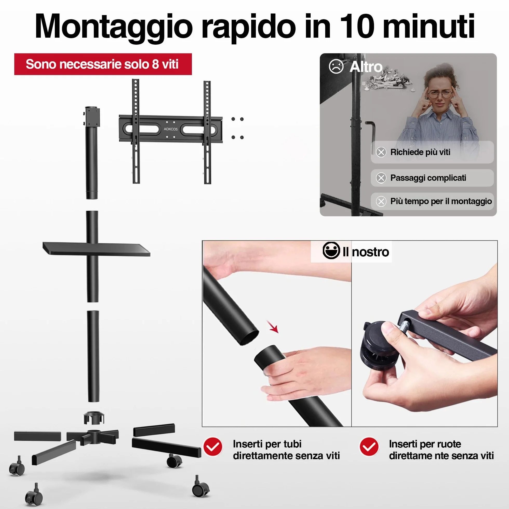 AOKCOS Supporto per TV da 32 a 65 pollici, carrello regolabile con ruote, VESA 400x400 mm, 40 kg, nero