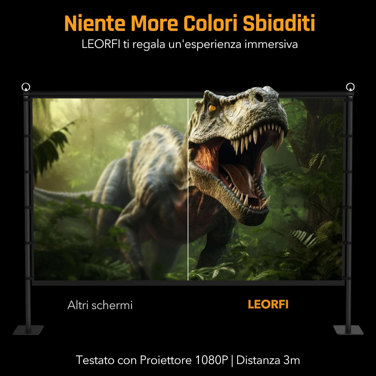 Schermo per Proiettore con Supporto LEORFI 120 Pollici Portatile - Base Rinforzata, Superficie HD 4K 16:9 Senza Piega - Proiezione Frontale/Retroproiezione - Con Borsa da Trasporto