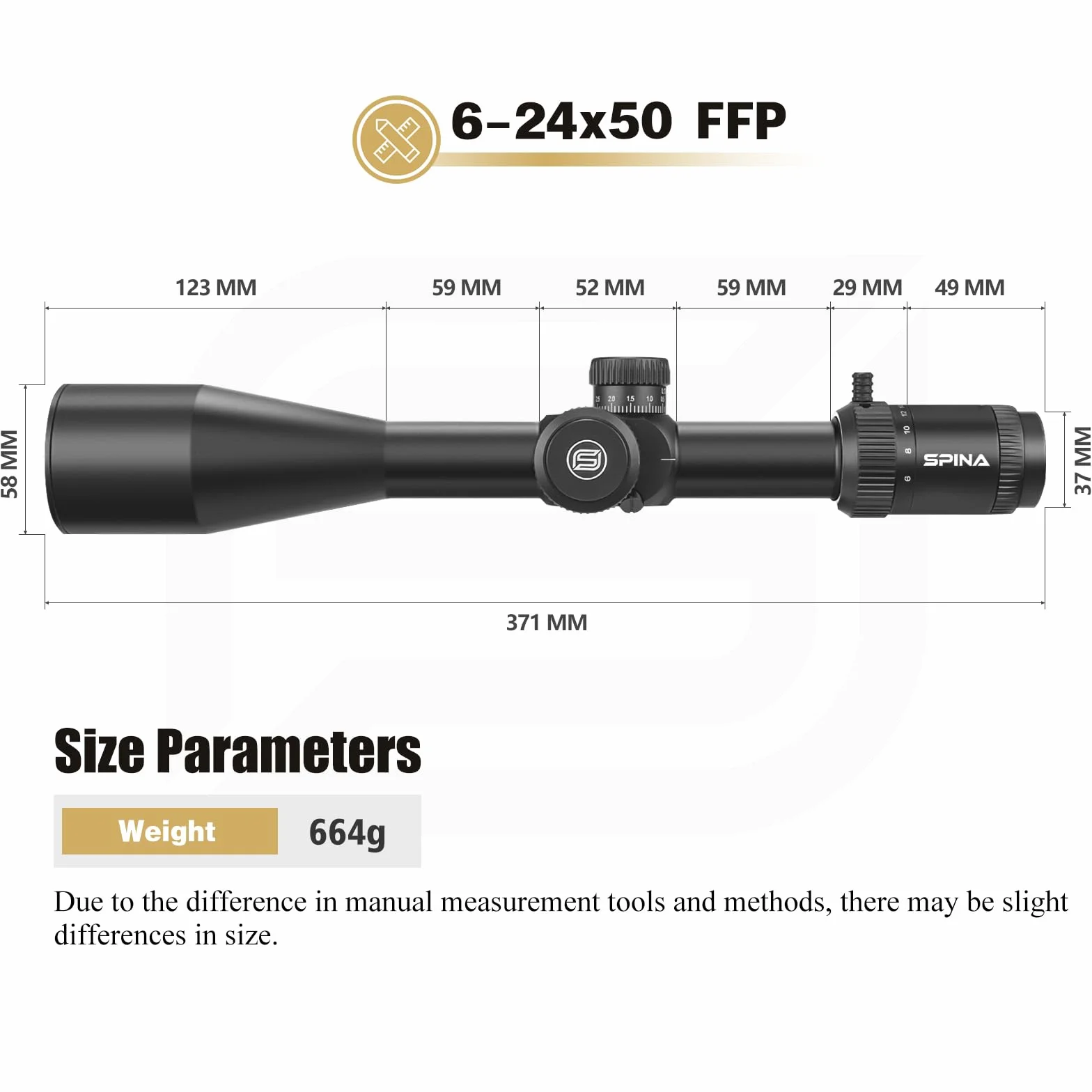 SPINA OPTICS 6-24x50 II Riflescope Primo Piano Focale Riflescope con MRAD Precision Tree Reticle e Parasole