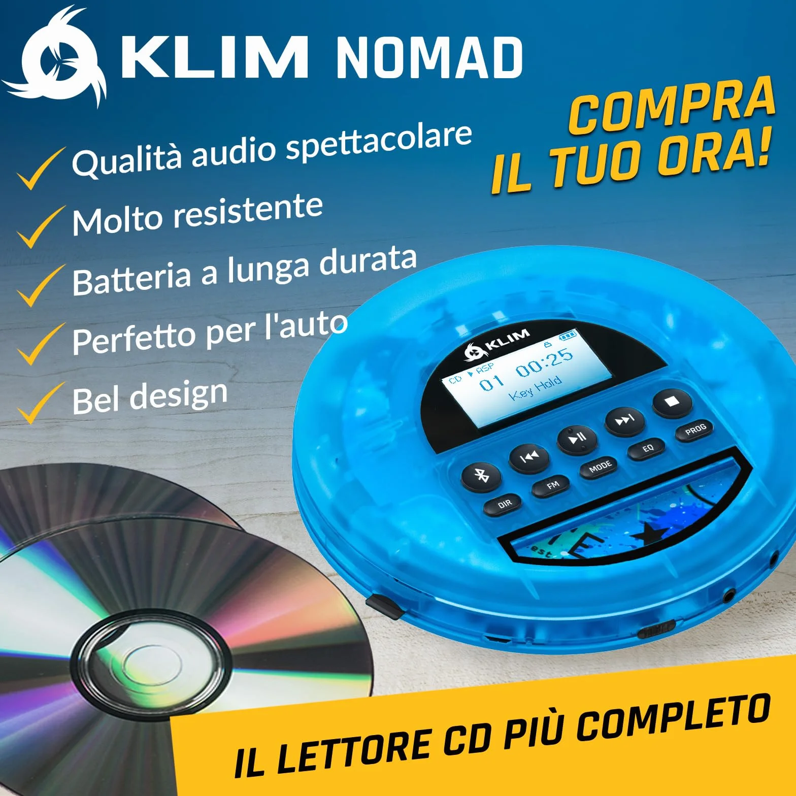 KLIM Nomad Transparent Blu - Lettore cd portatile - Batteria a Lunga Durata - Include Auricolari KLIM Fusion - con CD-R, CD-RW, MP3 - Lettore SD, Radio FM, Bluetooth - Ideale per Auto - Hi-Fi - Nuovo