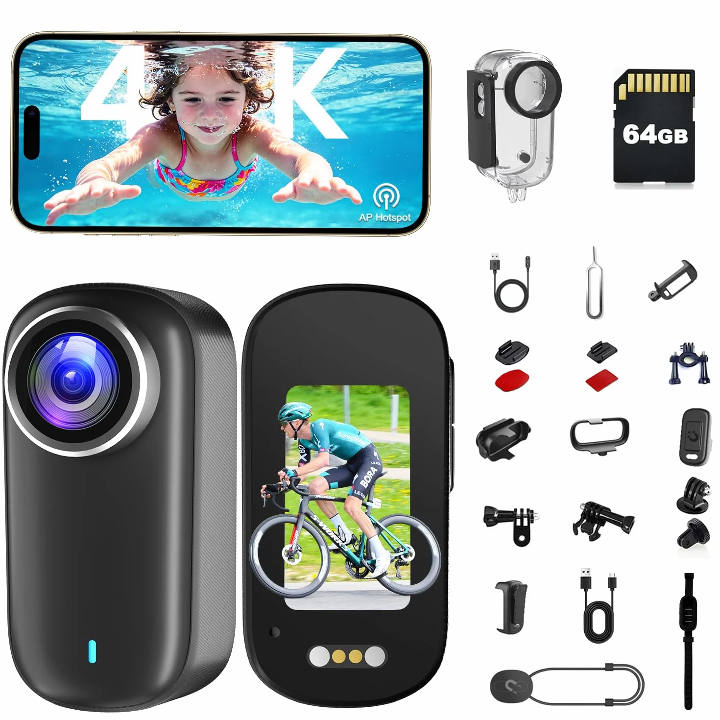 Action Cam, Body Cam 4K 64 GB, Mini Action Cam, Telecamera Moto con Batteria da 1200 mAh(240min), Mini Camera Impermeabile IP65, Compatta Telecamera per Moto Vlogging
