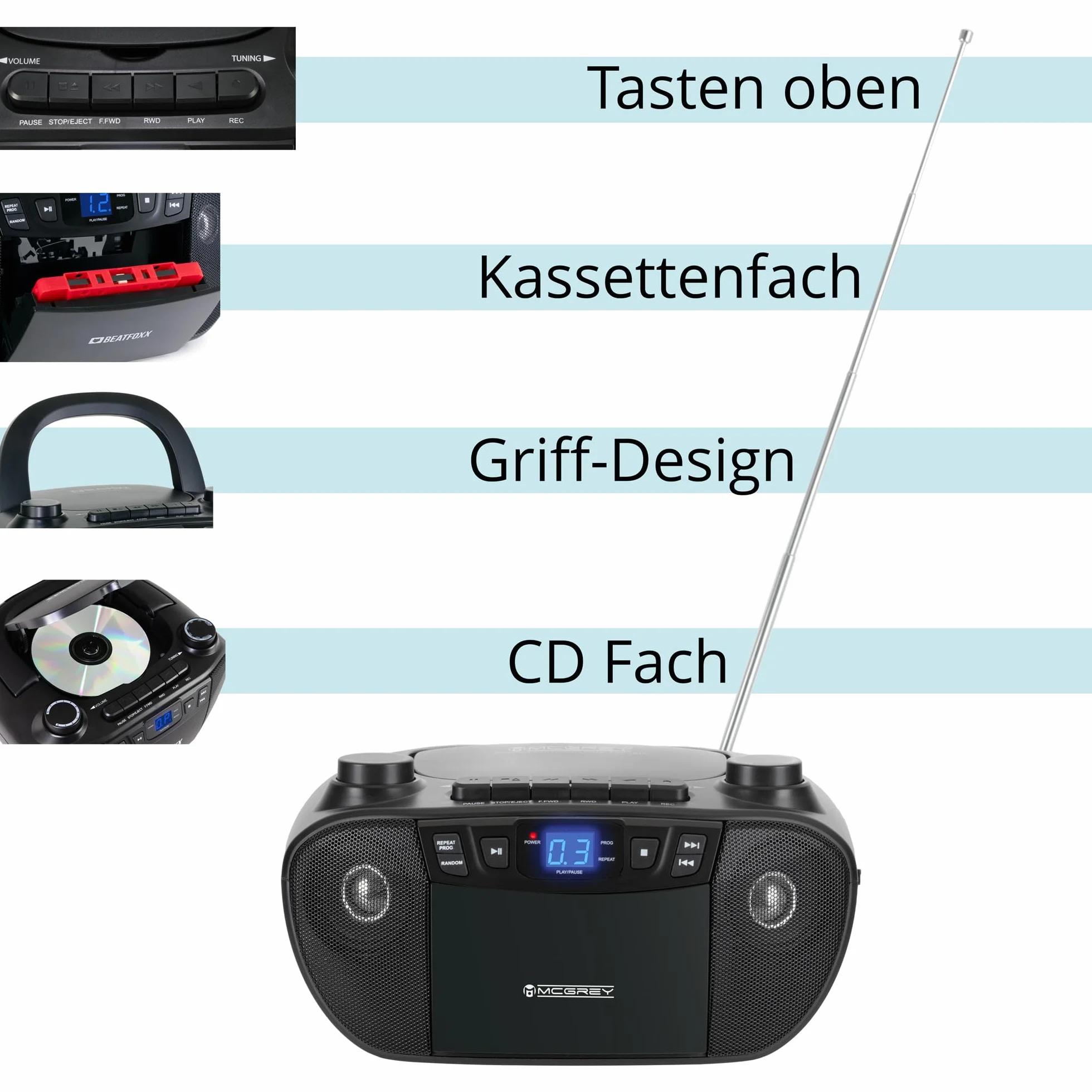 CDB-1016 BK Boombox con cassetta, lettore CD, radio portatile, registratore con ingresso AUX e uscita cuffie - Funzionamento tramite cavo o 6 batterie