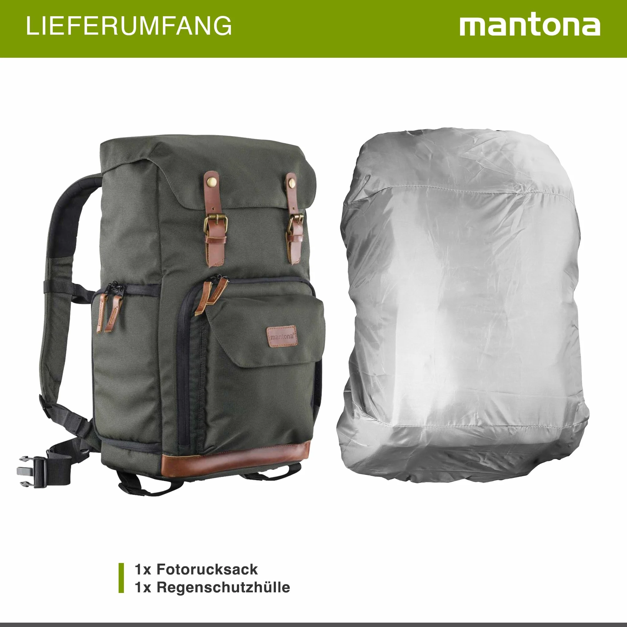 Mantona Luis Retro Zaino fotografico verde, per fotocamera con copertura antipioggia, borsa fotografica con scomparto per laptop, DSLR, 3 obiettivi e accessori fotografici