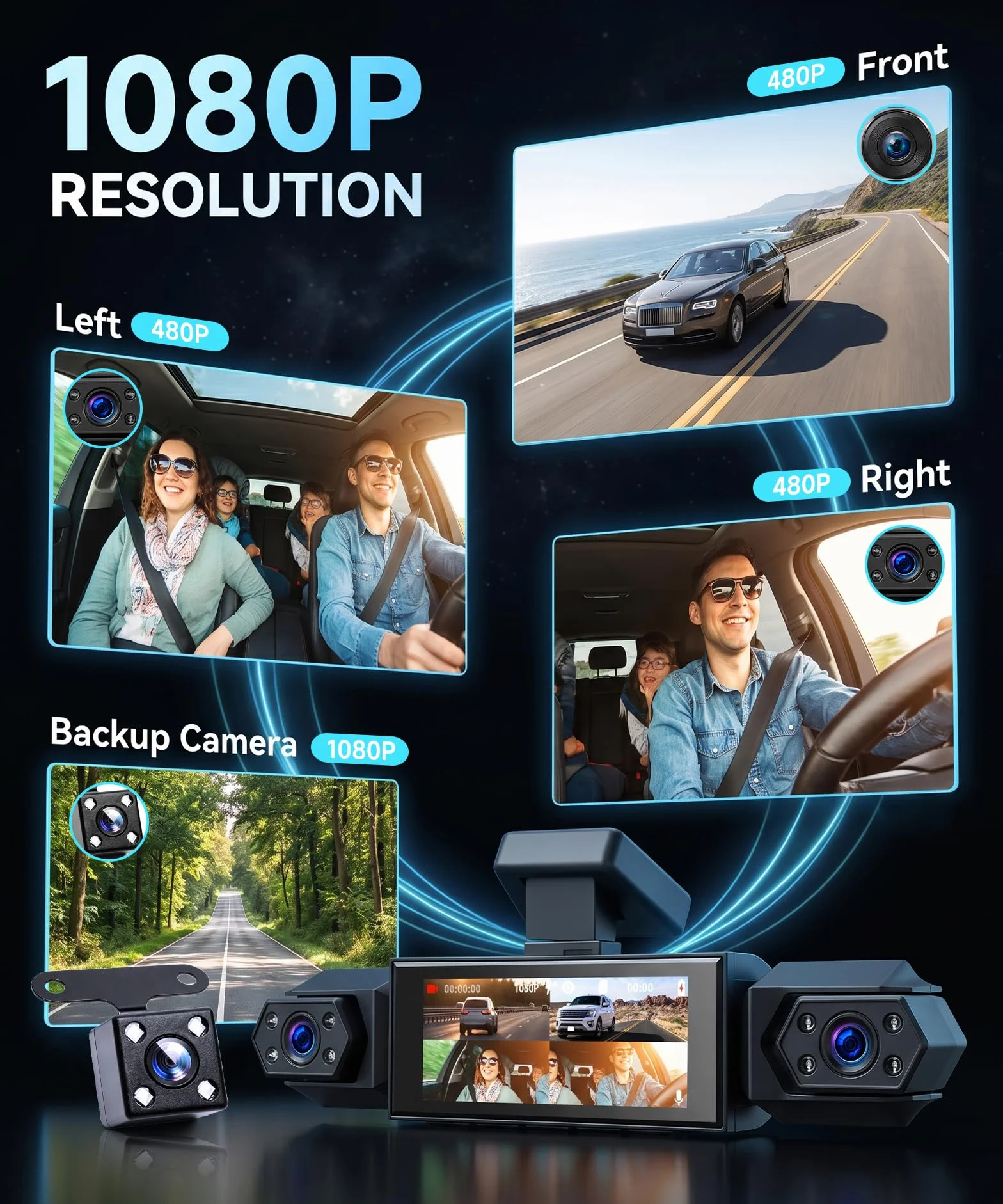 Rimoody 4 Canali 360° Dashcam Auto, 4 Telecamera HD 1080P Anteriore e Posteriore Sinistra Destra, 3.16 Pollici Schermo IPS Dash Cam con Visione Notturna 8 IR/Loop Video/24H Parcheggio Monitor