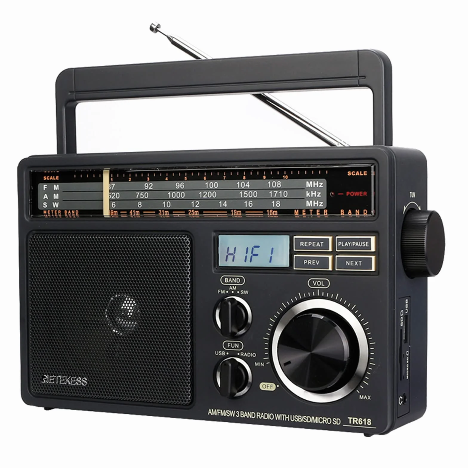 Retekess TR618 Radiolina Portatile, FM AM Onde Corte SW, Vintage, Analogica, a Pile con Corrente, USB SD TF Card, Jack Per Cuffie, Cantiere, per Anziani
