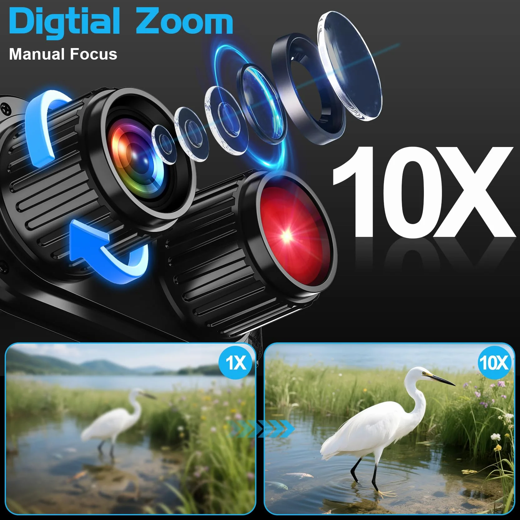 Visore Notturna, 2.8"HD Display, 10X Digitale Zoom 7-Livelli Infrarossi, 800M Visione con Batteria Ricaricabile da 2000mAh, Con per la Caccia, Birdwatching, Campeggio