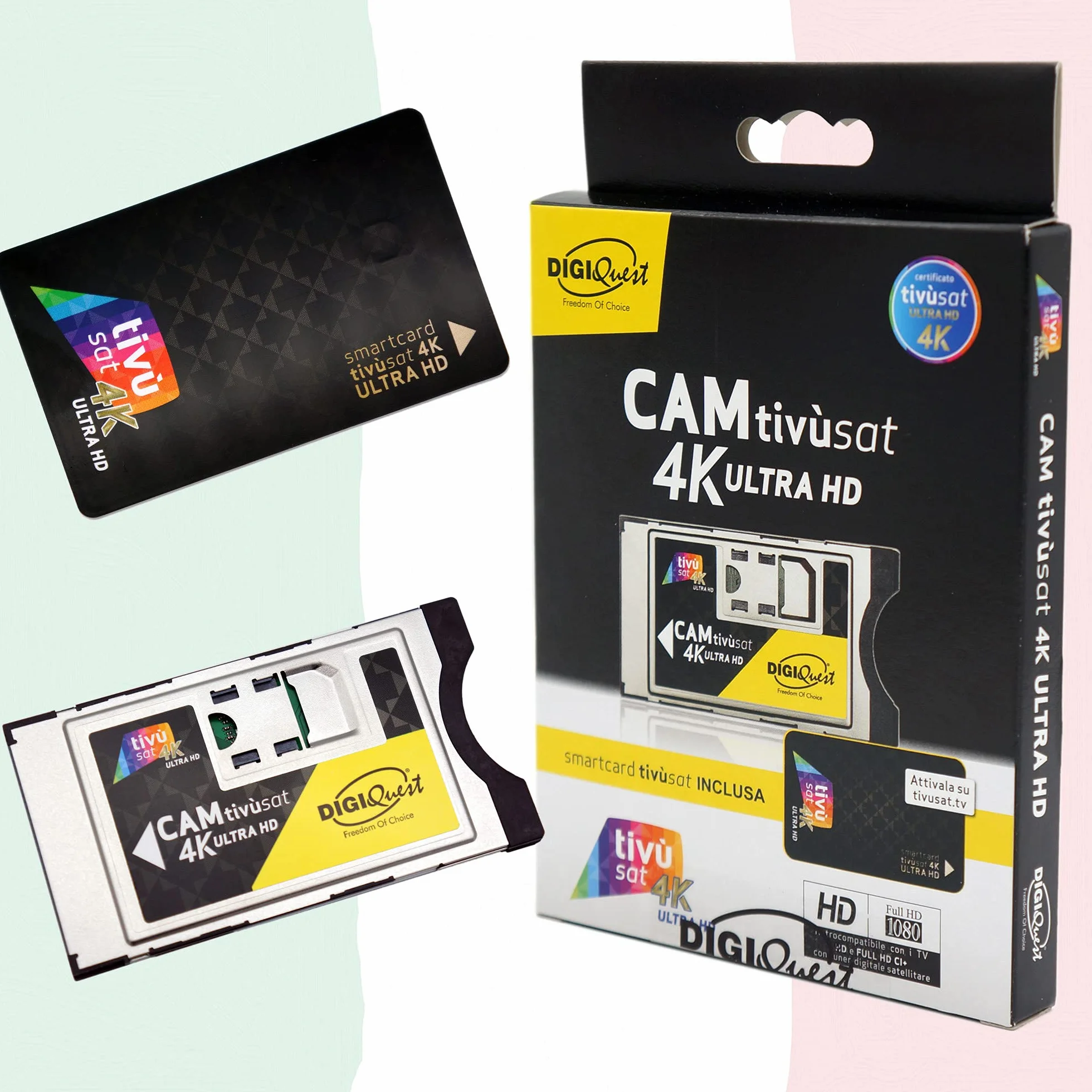 TiVuSat DIGIQuest - Scheda UHD nera 4K UHD e EasyMouse 4K Ultra HD SmartCam di DIGIQuest - Modulo UHD CI+ nero incluso, TiVuSat 4K UHD, canali Italiani HD/4K via satellite Eutelsat HotBird 13,0° est