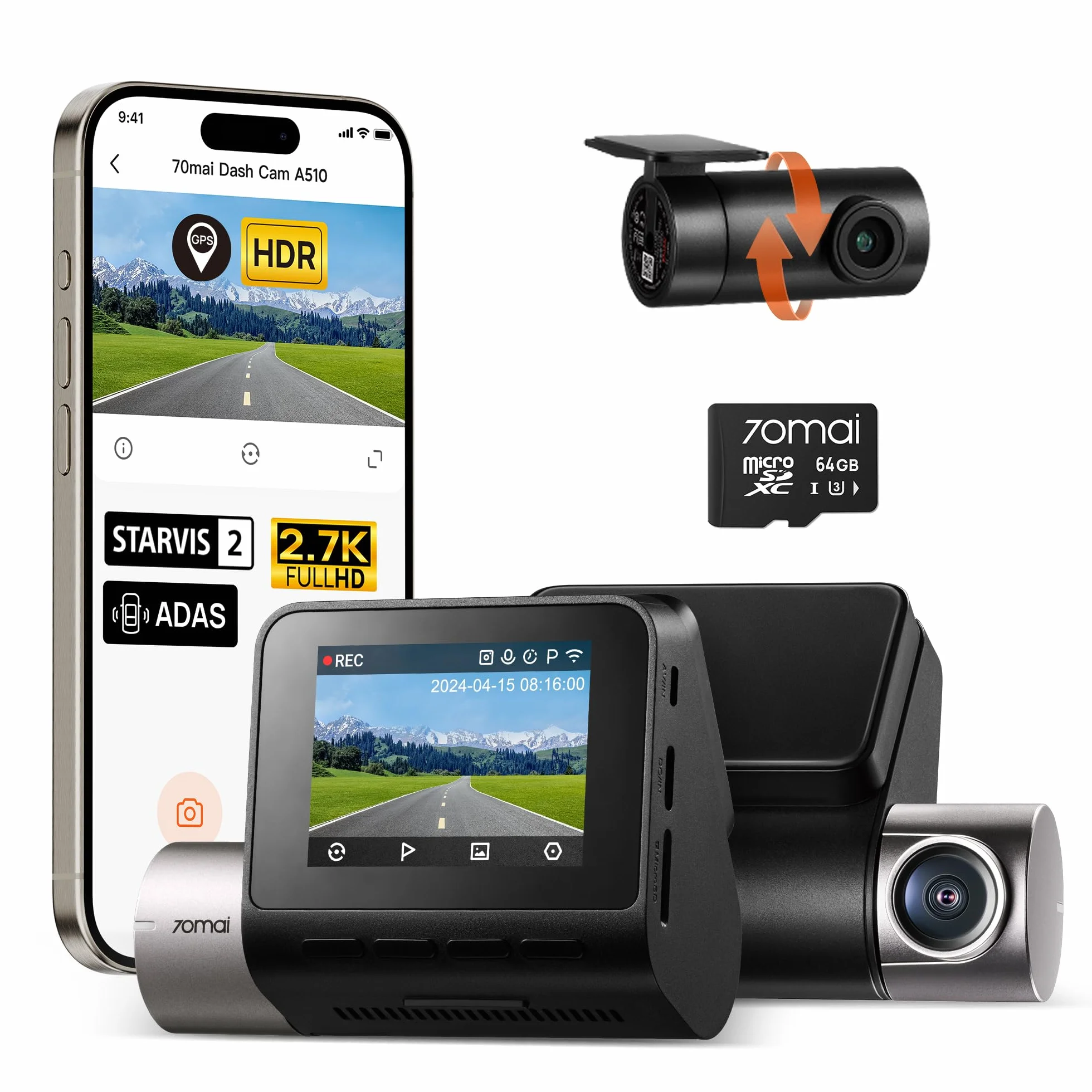 70mai Dash Cam Auto A510 Full-HD 1944P Doppio Dashcam con GPS e WiFi, Visione Notturna, Registrazione in Loop, Modalità Parcheggio 24H, Controllo Tramite App, Massimo 256GB