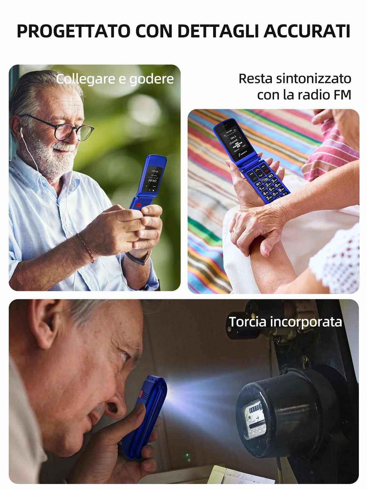 SweetLink F2 Plus Telefono Cellulare per Anziani, Flip Cellulare Anziani con Tasti Grandi, Contatti con Immagini, Base di Ricarica, Volume Alto, Funzione SOS, Doppia SIM,Pantalla 2.4", Blu