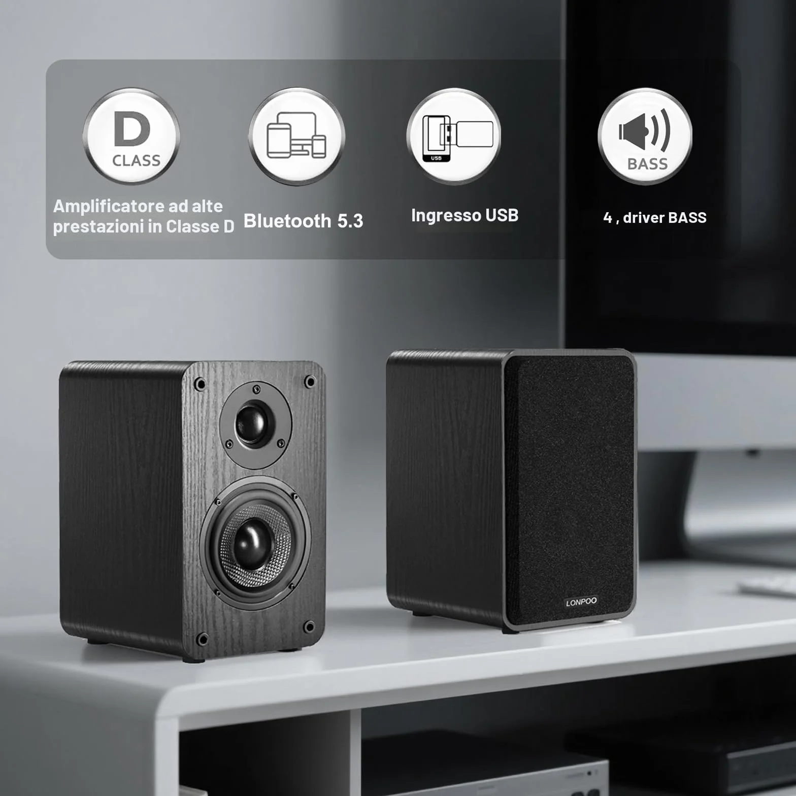 LONPOO LP-42X Attivi Diffusori da scaffale 100W RMS | woofer 4" fibra di carbonio | connettività HDMI ARC, Ottica, Coassiale, Bluetooth 5.3, AUX-IN, USB, telecomando (nero)