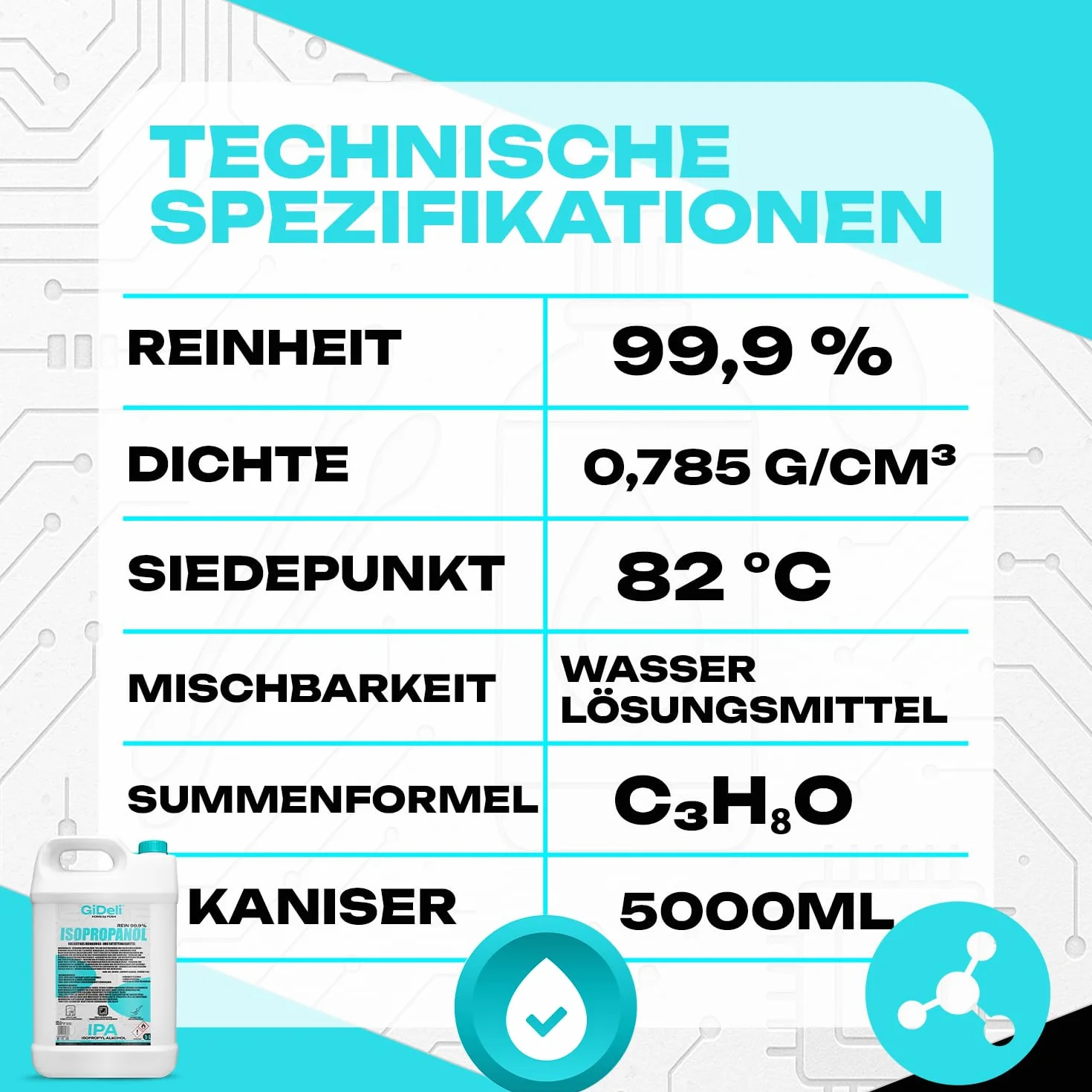 GiDeli Isopropanolo 99,9% 30 litri di alcool isopropilico ad alta percentuale di alcool per pulizia di componenti elettronici, lenti e schermi, pulizia di resine con stampa 3D
