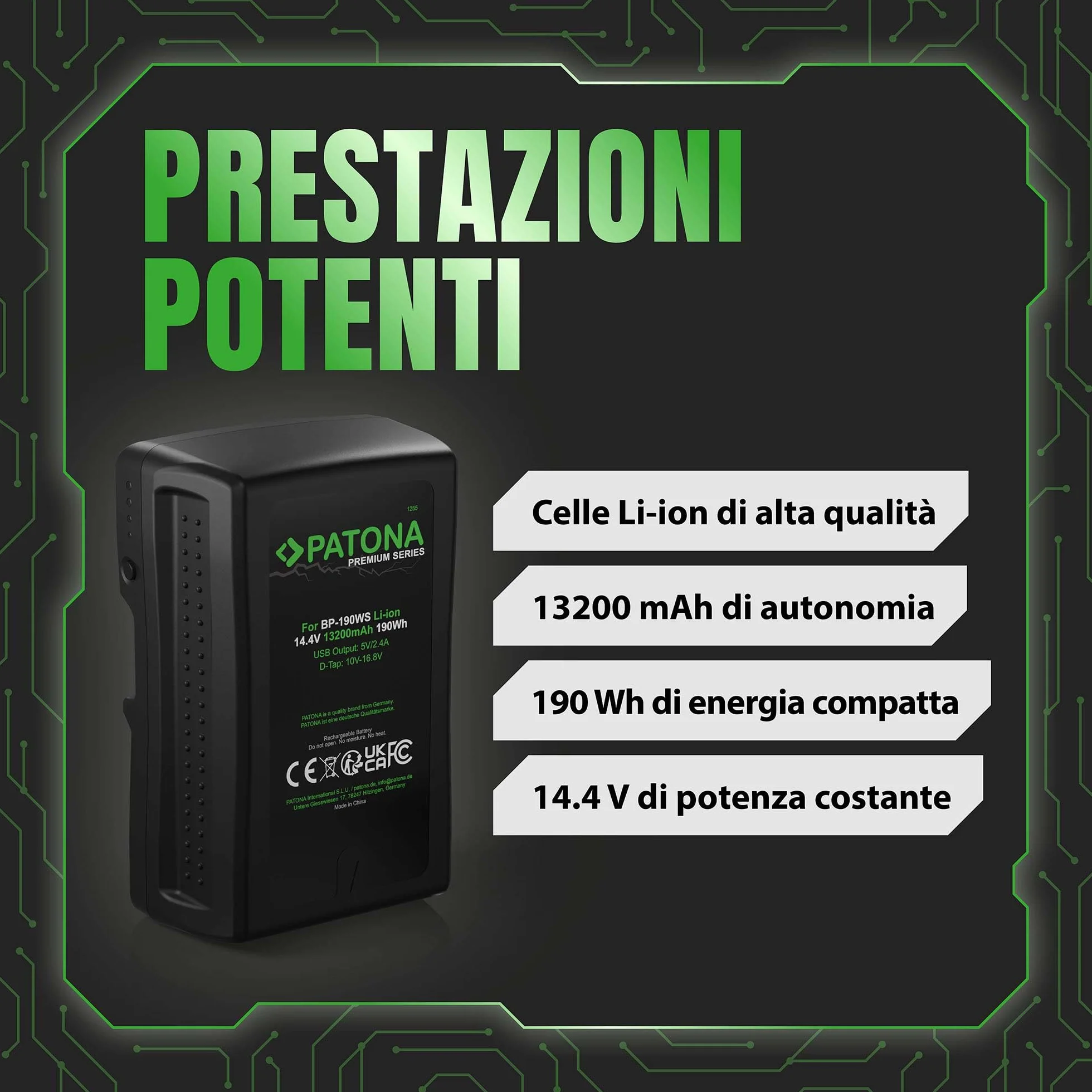 PATONA Premium Batteria V-Mount 190Wh (14,4V 13200mAh) – sostituisce Sony BP-190WS BP-GL95 BP-GL65 – con D-Tap e uscita USB, indicatore LED – per camcorder broadcast, URSA e luci video