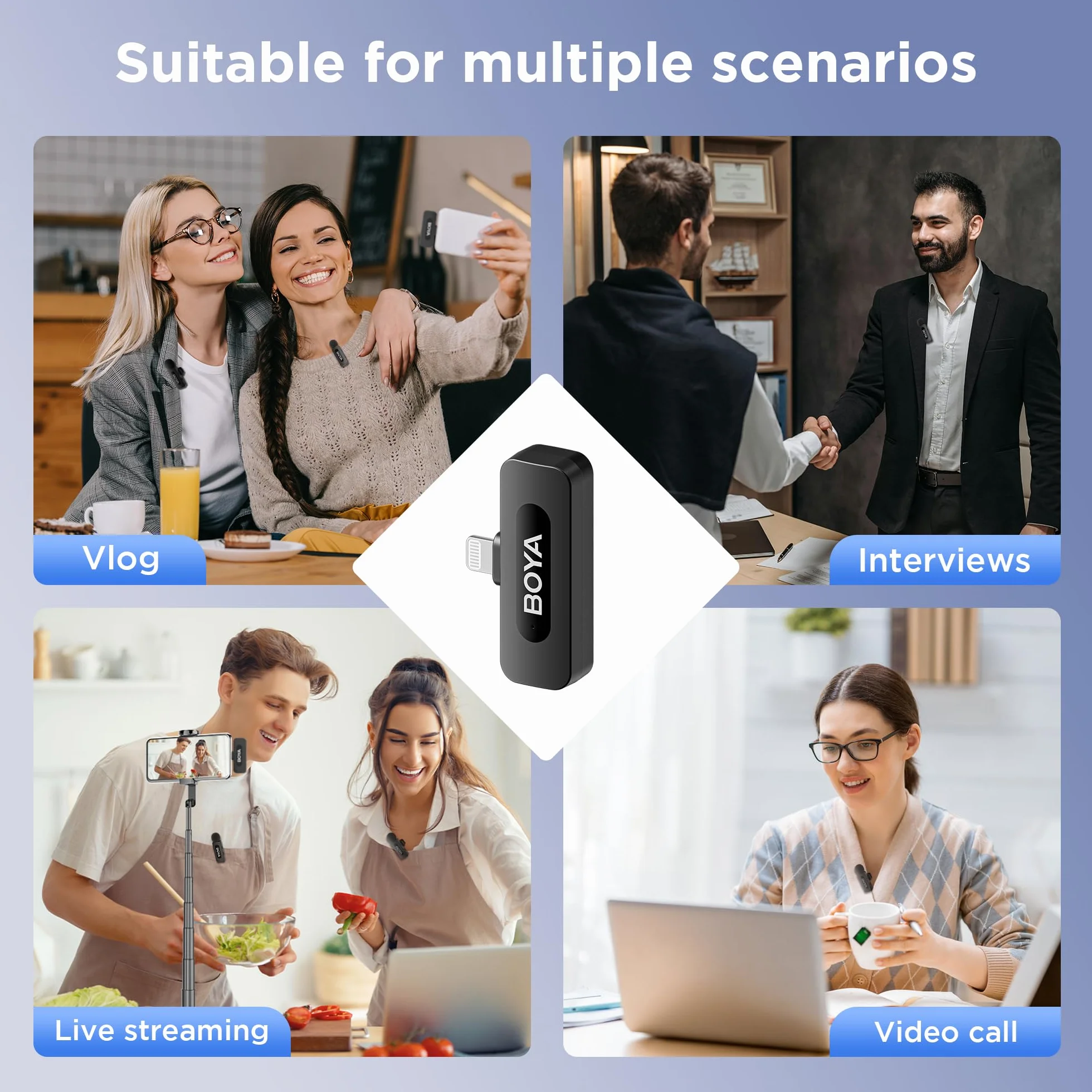 BOYA BY-V2 Mini Microfono lavalier wireless (2TX+1RX) per iPhone, riduzione del rumore, doppio microfono a bavero per registrazioni su YouTube, Podcast, Facebook, Tiktok Vlogging