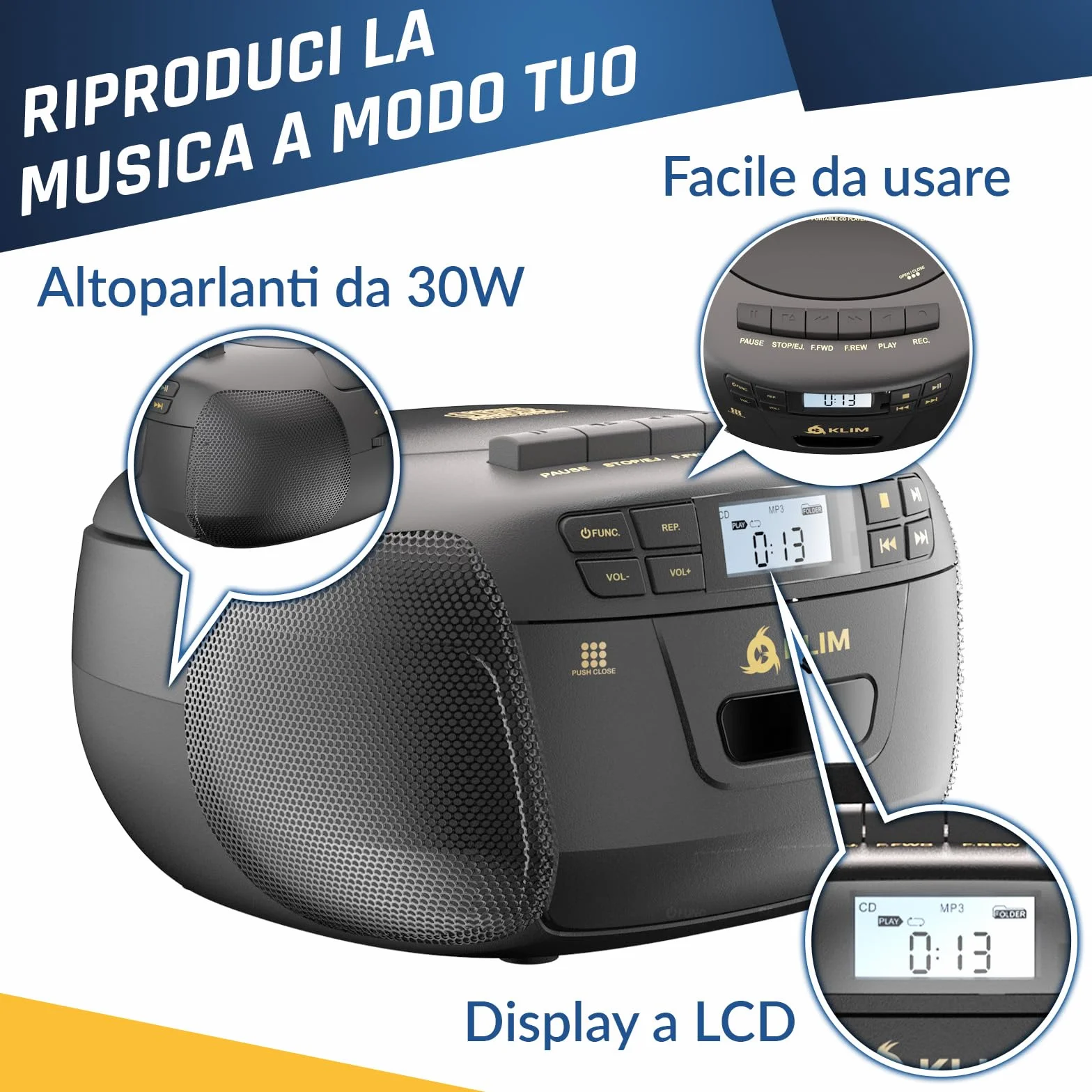 KLIM Lettore CD - Lettore Cassette Audio, AM/FM Radio Bluetooth, Stereo CD Player, Remota, Registrazione Su Nastro, USB Drive, AUX, Radio Stereo Casa Alimentazione AC/DC - Nero/Oro