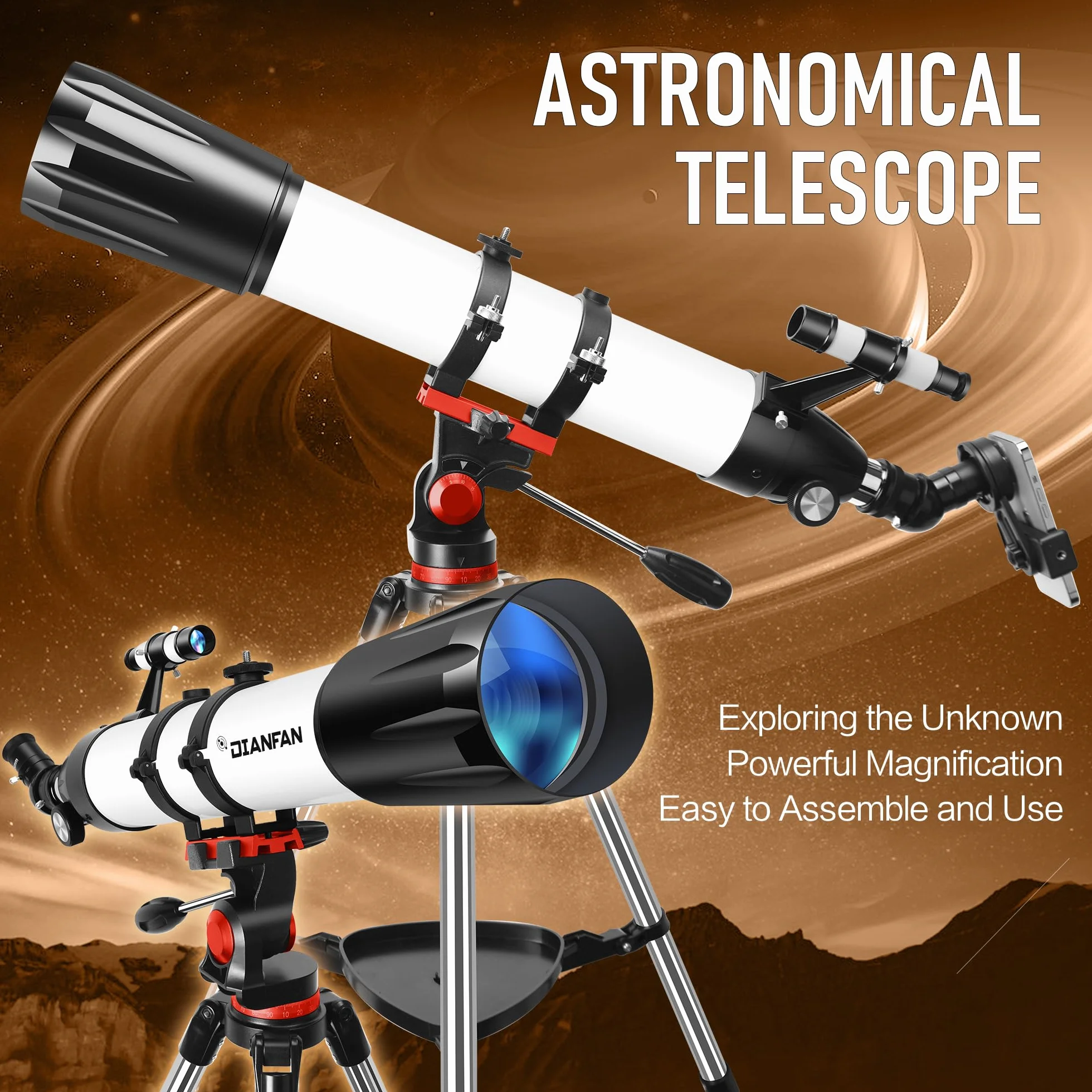 Dianfan Telescopio,90 mm 800 Telescopio Astronomico Adulti Bambini,32X-240X Telescopi Rifrattore Portatile per Principianti,con Treppiede Inossidabile e Adattatore per Telefono, Borsa