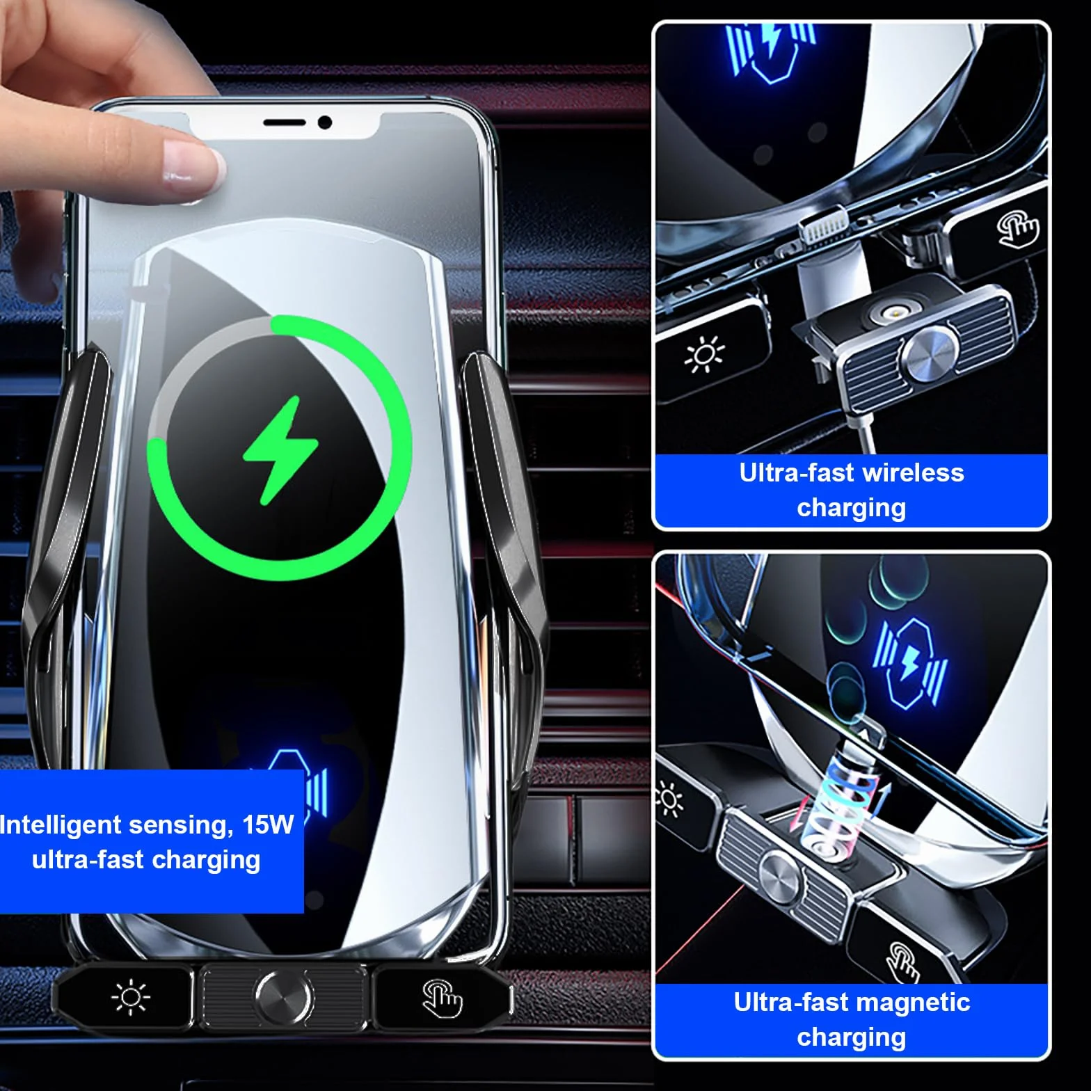 Supporto per telefono da auto con caricatore wireless, caricatore wireless da auto 15W a ricarica rapida, supporto con aggancio automatico a ventosa per auto/cruscotto/bocchetta dell'aria/parabrezza