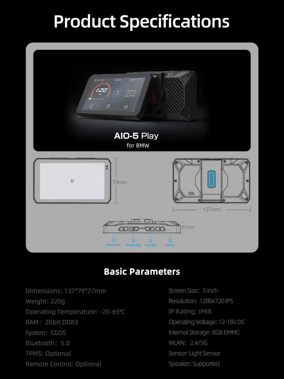 CHIGEE for AIO-5 Play for BMW Motorcycles, 3-Pin Interface, Plug-and-Play Smart Display with Apple CarPlay & Android Auto, 60FPS, IP68 Waterproof, Built-in GPS, Anti-Theft Alarm, Data Reading