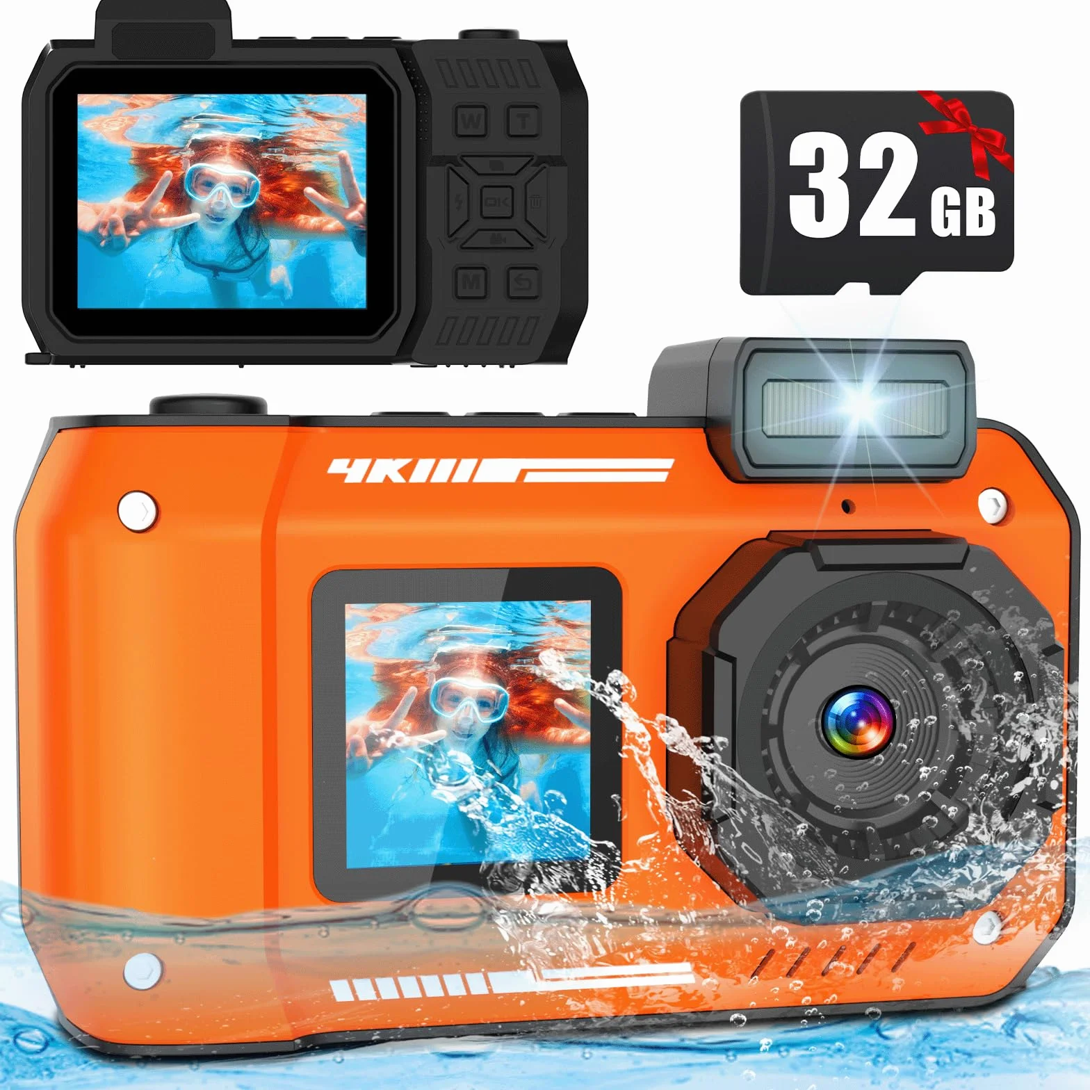 Fotocamera subacquea 4K 48MP impermeabile 32GB doppio schermo robusta antipolvere antiurto autofocus per selfie snorkeling immersioni sport viaggi (arancione)