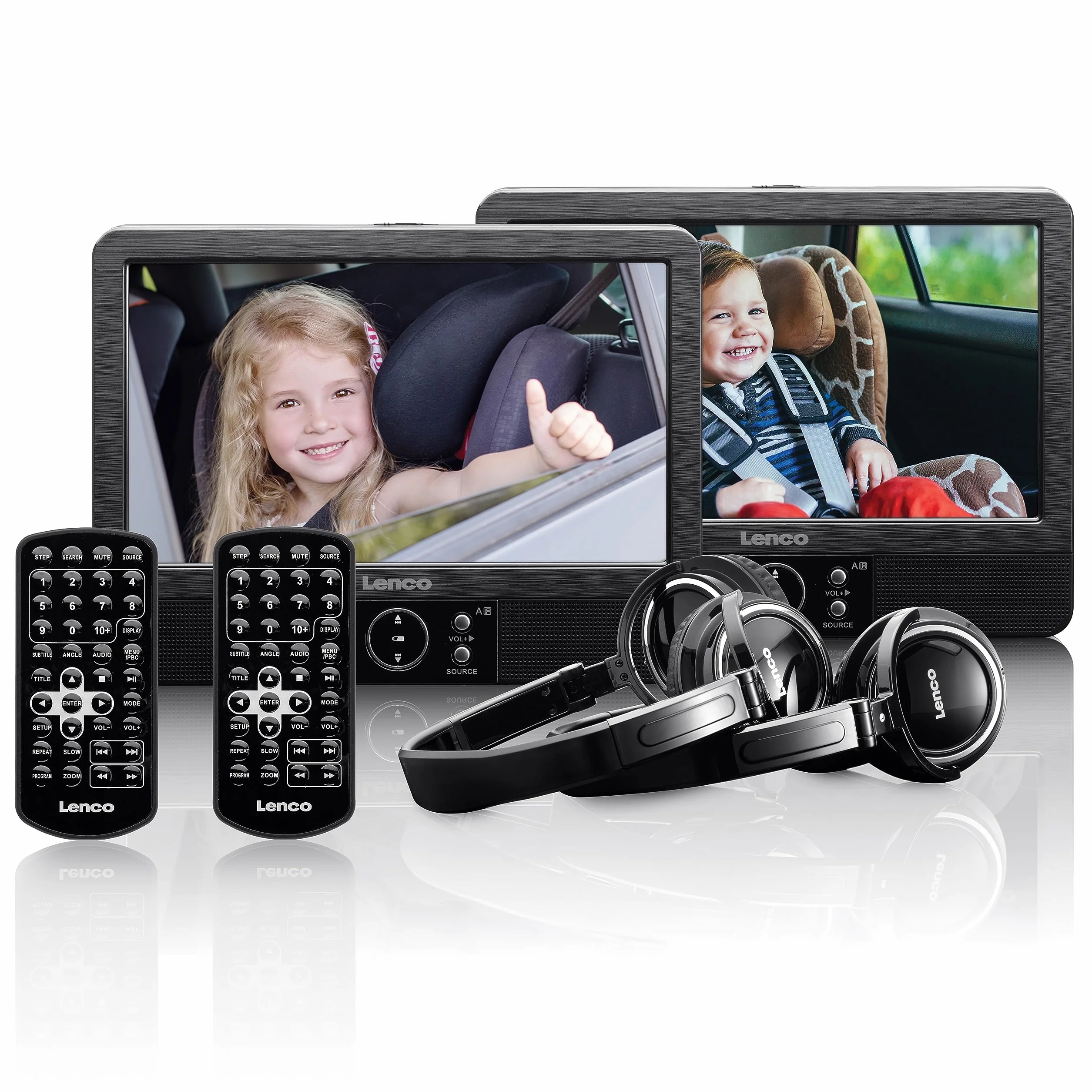 Lenco DVP-939 - Lettore DVD portatile da 2 x 9 pollici con 2 cuffie e 2 supporti per poggiatesta - batteria ricaricabile integrata - ingresso USB - lettore di schede SD - nero
