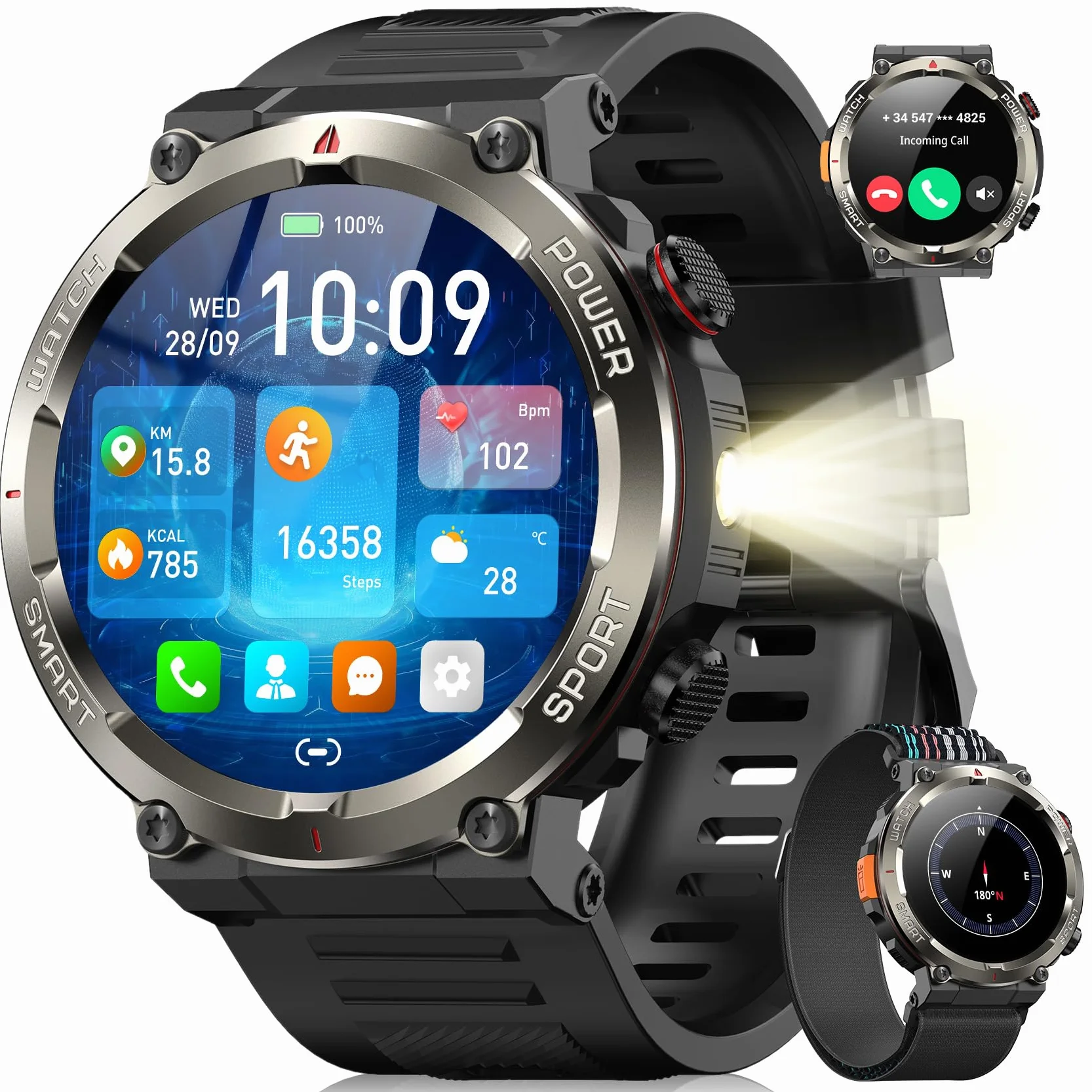 Blackview Smartwatch Uomo, Orologio Intelligente Fitness con Chiamate Bluetooth,1.45" Militari Smart Watch Tracker 100+ Modalità Sportive/Cardiofrequenzimetro/SpO2/Torcia/Bussola per Android iOS