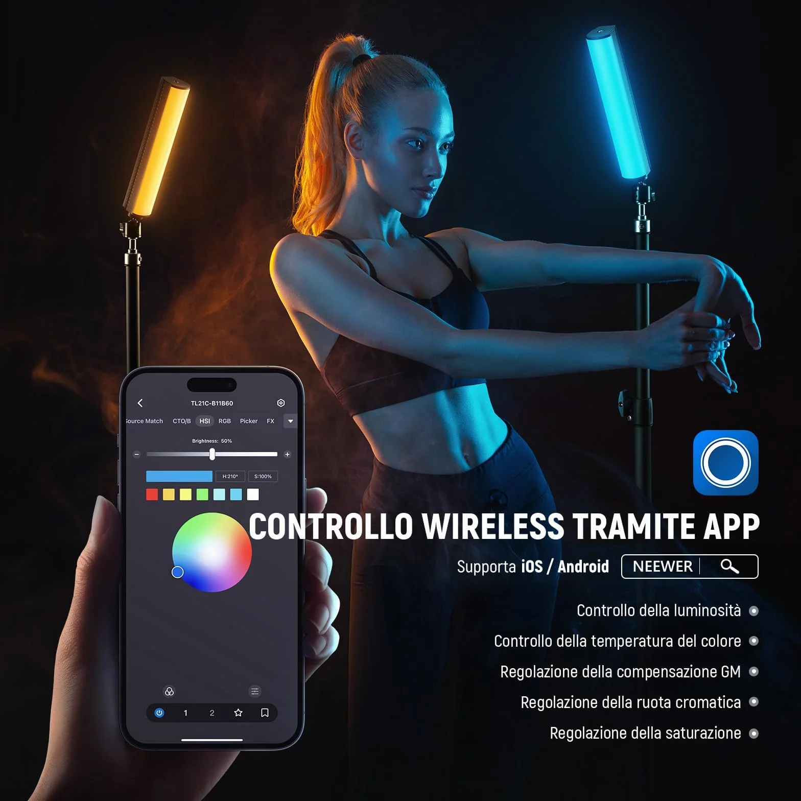 NEEWER Barra Luminosa RGB con Treppiede da Tavolo, Controllo APP, Stick Luce Magnetico per Foto Video, Luce Tubo LED a Colori Dimmerabile 2500K-8500K CRI95+ 17 Scene per Vlog, Batteria 2550mAh, TL21C