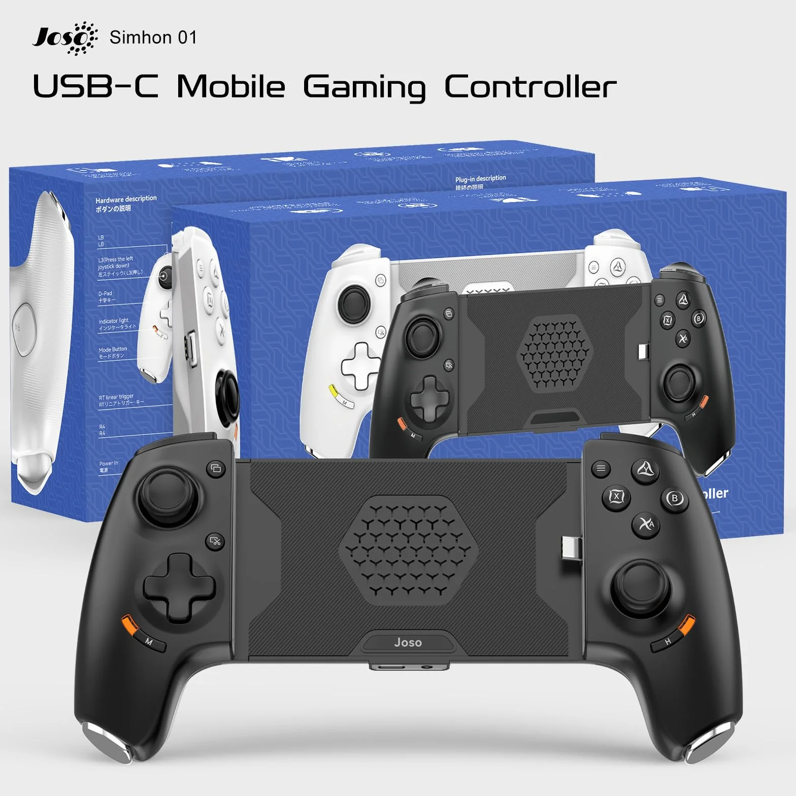 Joso Controller per iPhone 15/16 e Android (USB-C), controller di gioco remoto per console PS5/PS4/Xbox, Joysticks Effetto Hall, 2 pulsanti mappabili, jack audio da 3,5 mm