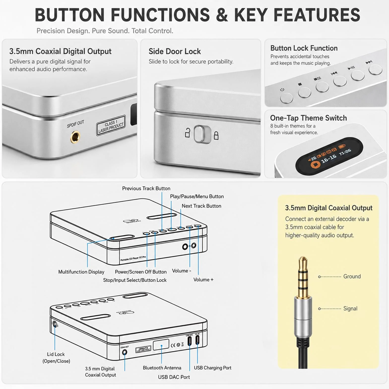 Shanling EC Play Lettore CD HiFi Portatile, DAC, AMP, CS43198 DAC+Dual SGM8262, 384kHz/32bit, DSD256, Bluetooth 6.0 a Due Vie, LDAC, Fino a 700mW@32Ω di Uscita, Uscita Cuffie da 3,5mm+4,4mm, Coassiale
