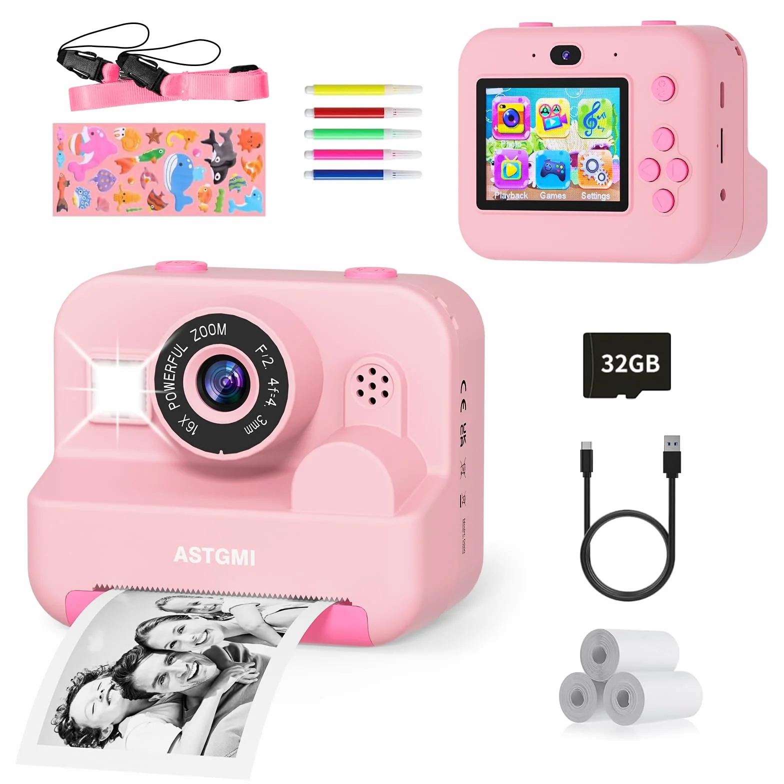 ASTGMI Macchina Fotografica Bambini Istantanea, 2,4 Pollici 1080P Fotocamera Bambini Selfie con Carta da Stampa e 32GB Scheda, Giocattolo Regalo di Natale Bambino e Bambina 3 4 5 6 7 8 Anni (Rosa)