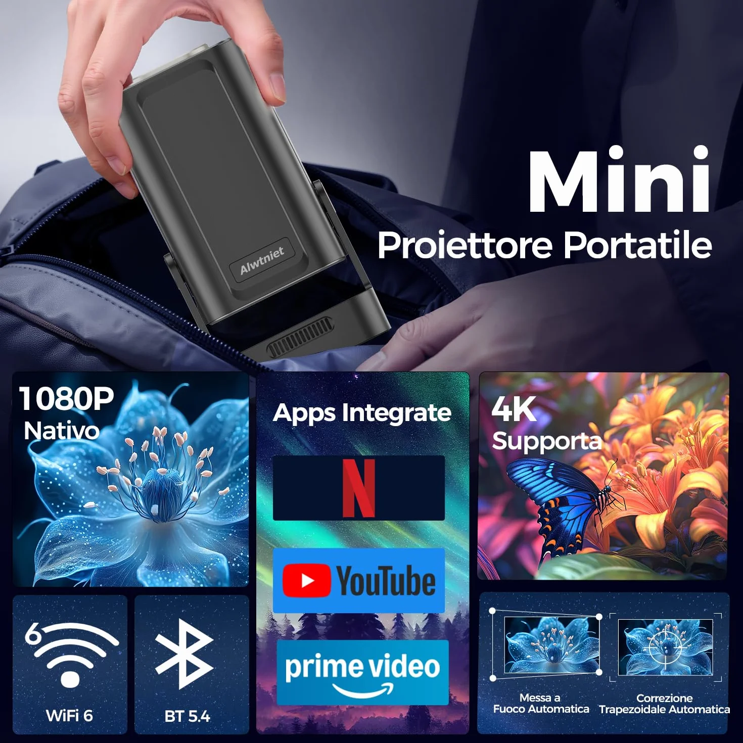 Alwtniet Proiettore 4K 1080P Portatile Android WiFi 6 BT 5.4 260ANSI HY310 Mini Projector HDMI USB