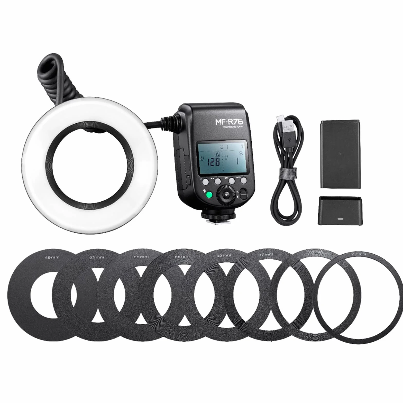GODOX MF-R76 Anello LED Macro Speedlite 76Ws 660 Tubi Dual-Flash a piena potenza Regolazione della potenza da 1/128 a 1/1 10 livelli di rapporto di potenza per fotocamere DSLR Canon Nikon Sony Fuji