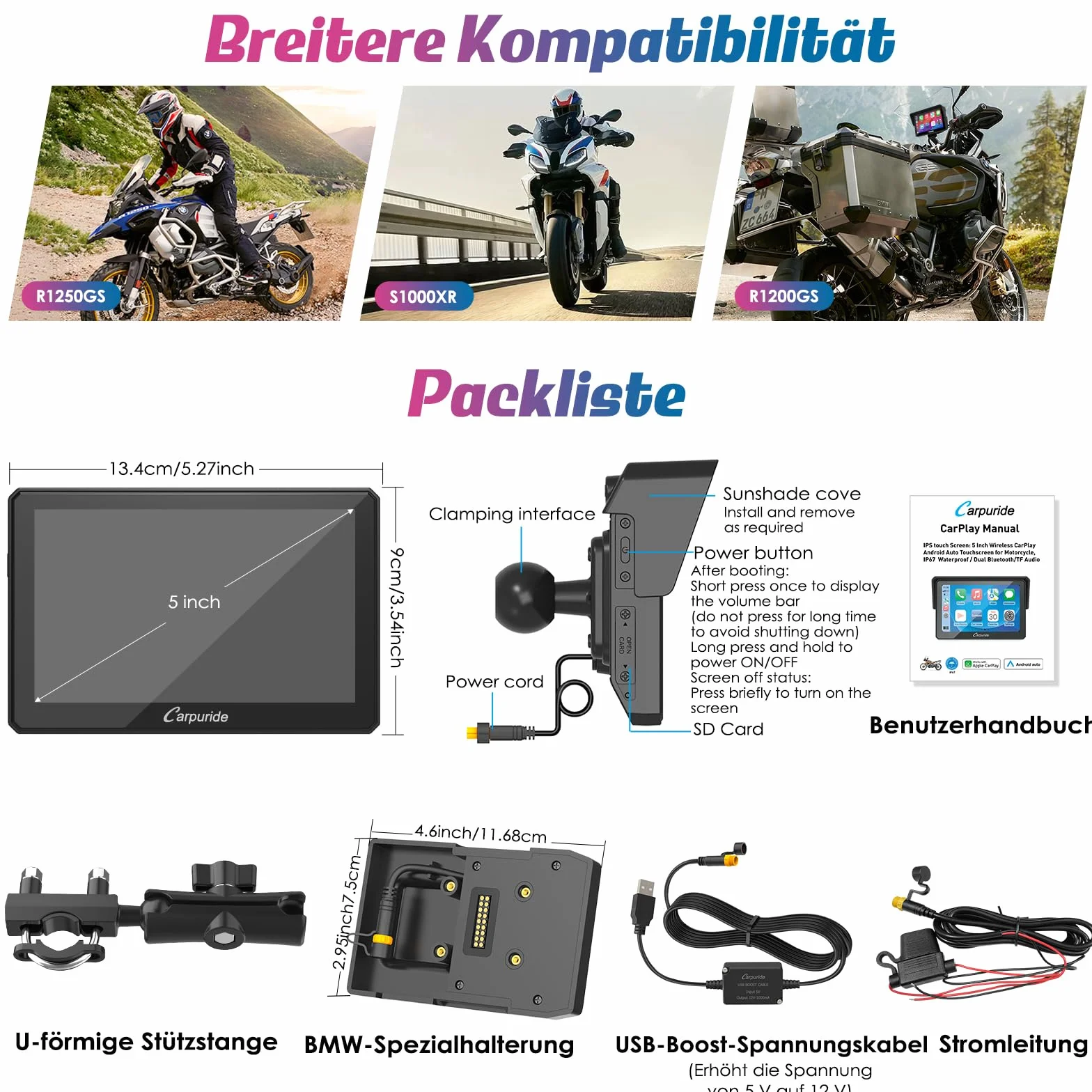 Carpuride W502B Schermo Carplay per BMW Moto R1200GS R1250GS S1000XR, Touchscreen Impermeabile da 5 pollici, Navigazione GPS Portatile Carplay/Android Auto per Moto, Doppio Bluetooth