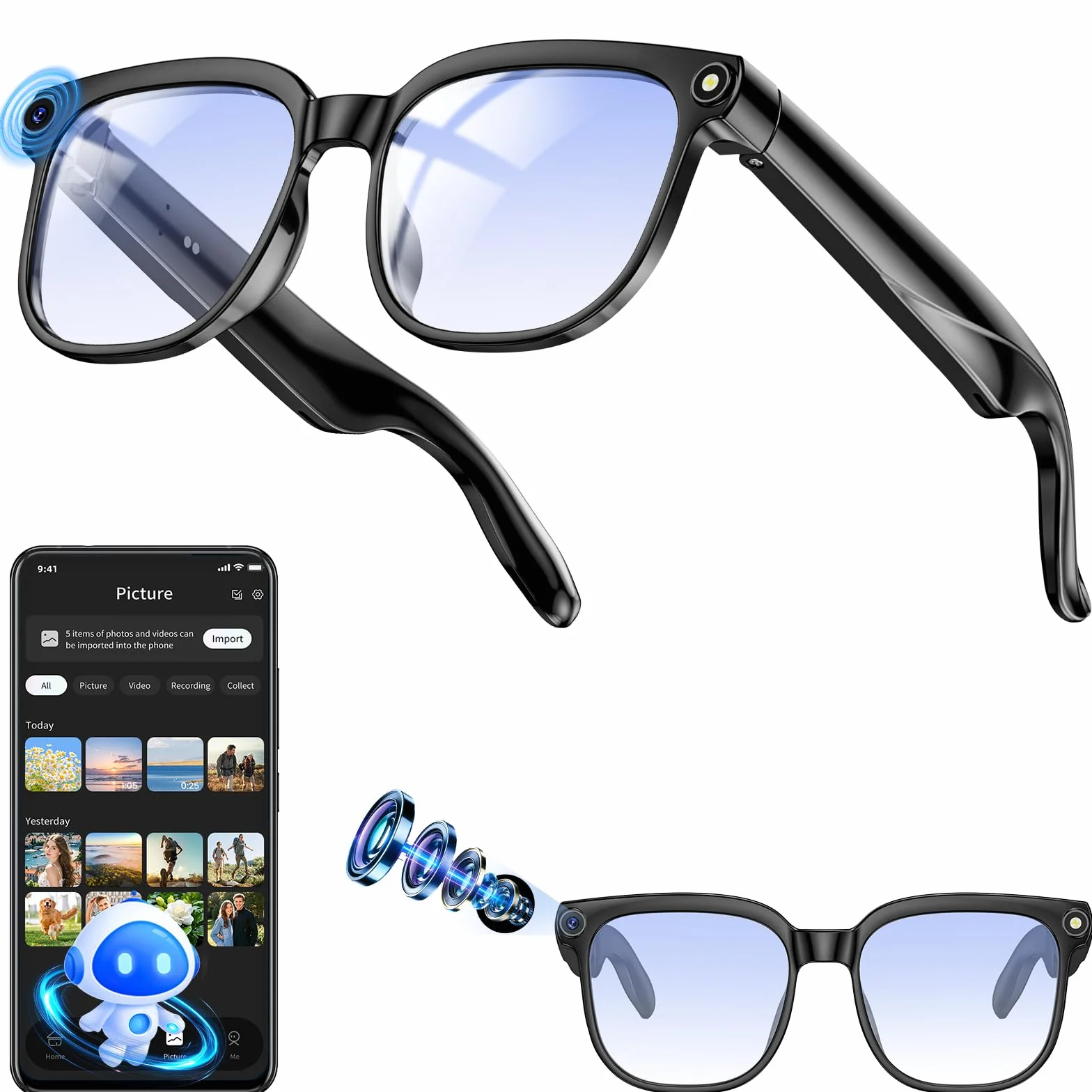 Occhiali Smart con Fotocamera 8MP,Smart Glasses AI,Occhiali Intelligenti con Fotografia/Registrazione/Chiamate Intelligenti/Musicale/Traduzione/Riconoscimento Immagini, Blu