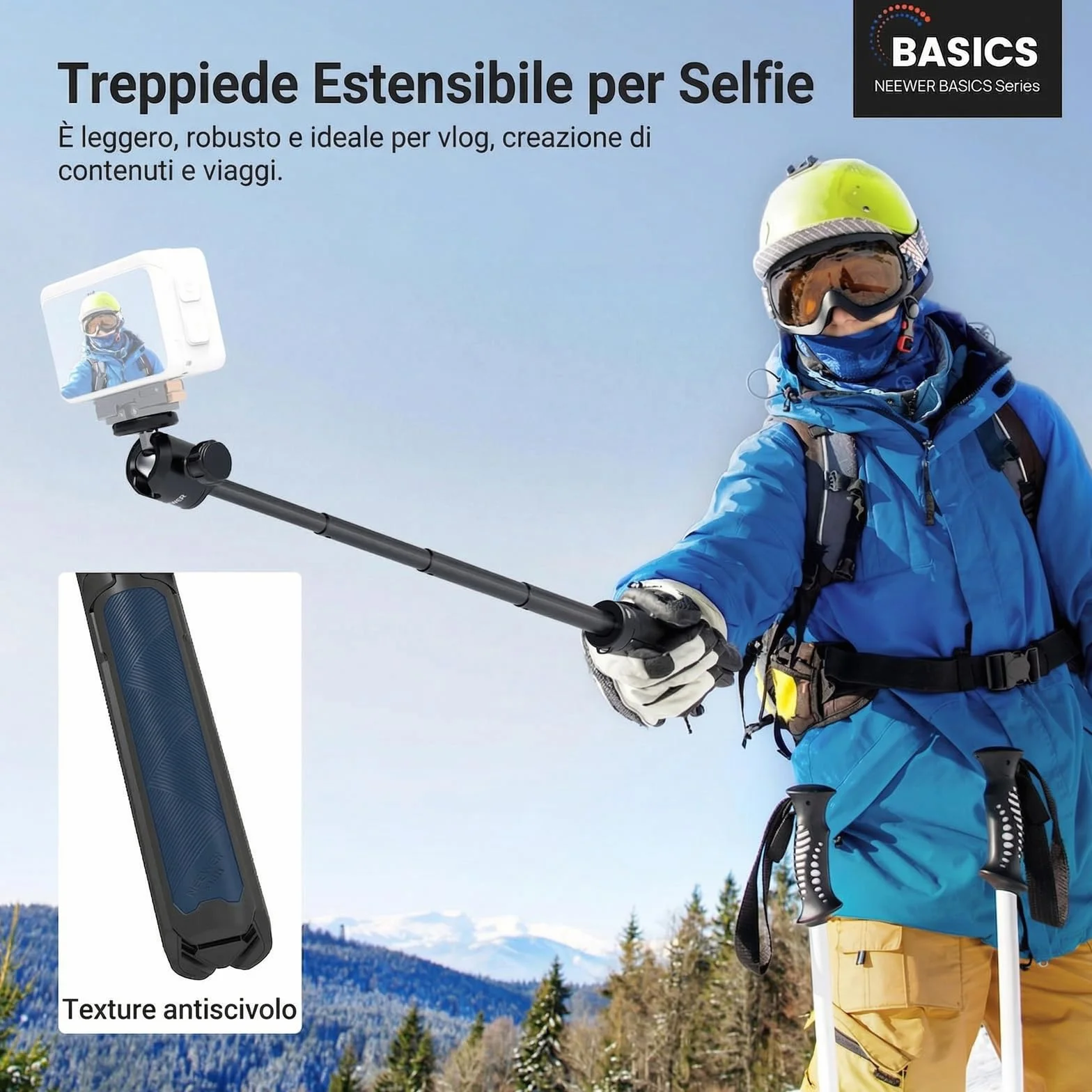 NEEWER BASICS Treppiede Selfie Stick Estensibile, Impugnatura Supporto Portatile in Metallo Compatibile con Canon G7X Mark III Sony ZV-1 RX100 VII A6400 A6600 Nikon Camera Webcam per Vlogging, DT001