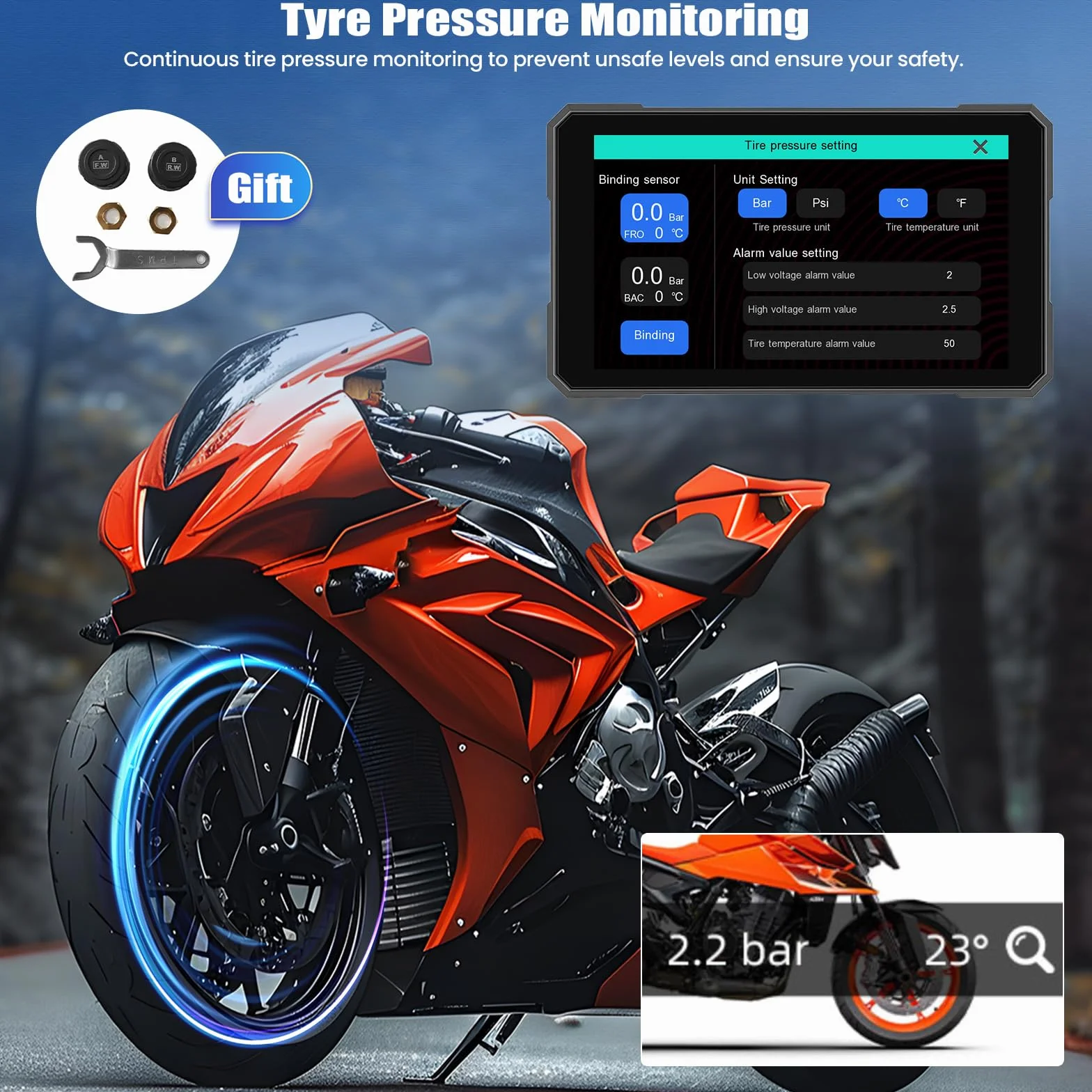 [2026 NOVITÀ] CAMECHO 5 pollici Touchscreen Wireless Carplay Moto con rilevamento della pressione dei pneumatici, GPS Moto Auto con CarPlay wireless Android Auto Bluetooth IP67 impermeabile 12V