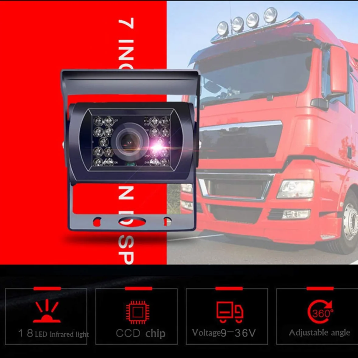 Telecamera per retromarcia per auto, telecamera di backup HD 9V-36V, telecamera CCD per vista frontale impermeabile per autobus per rimorchi per camion con visione notturna a 18 LED IR