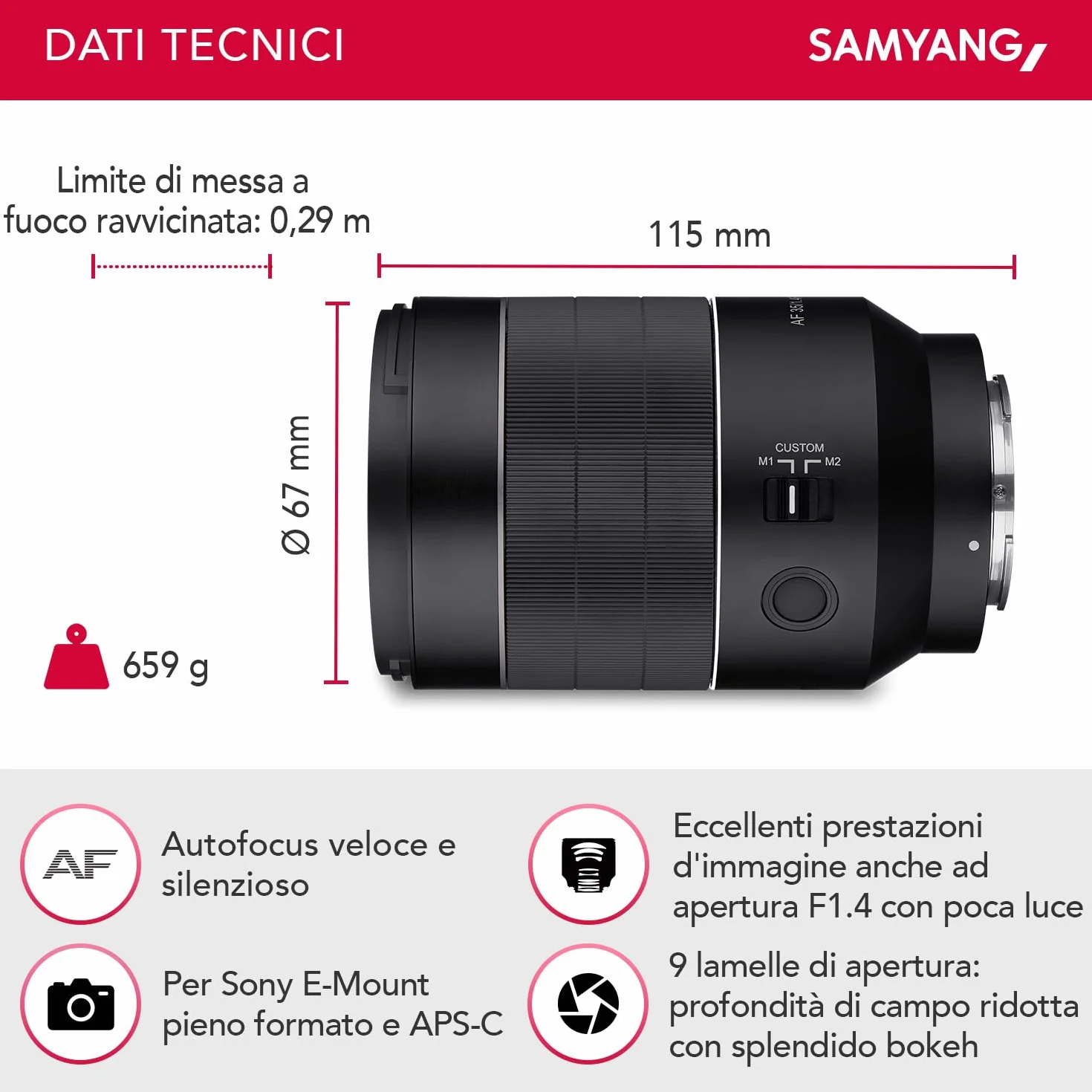 Samyang AF 35mm F1.4 II FE per Sony E - autofocus formato completo e obiettivo grandangolare APS-C lunghezza focale fissa mirrorless Sony E Mount con sistema custodia in alluminio protezione