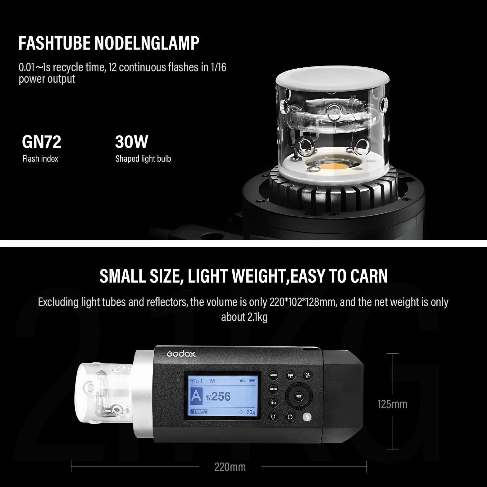 Godox AD400Pro 400W GN72 TTL 1/8000s HSS 2.4G X Sistema All-in-One Flash Speedlite Strobe Light, funzionamento a batteria, 390 Full Power Pops, Tempo di riciclaggio 0,01-1s