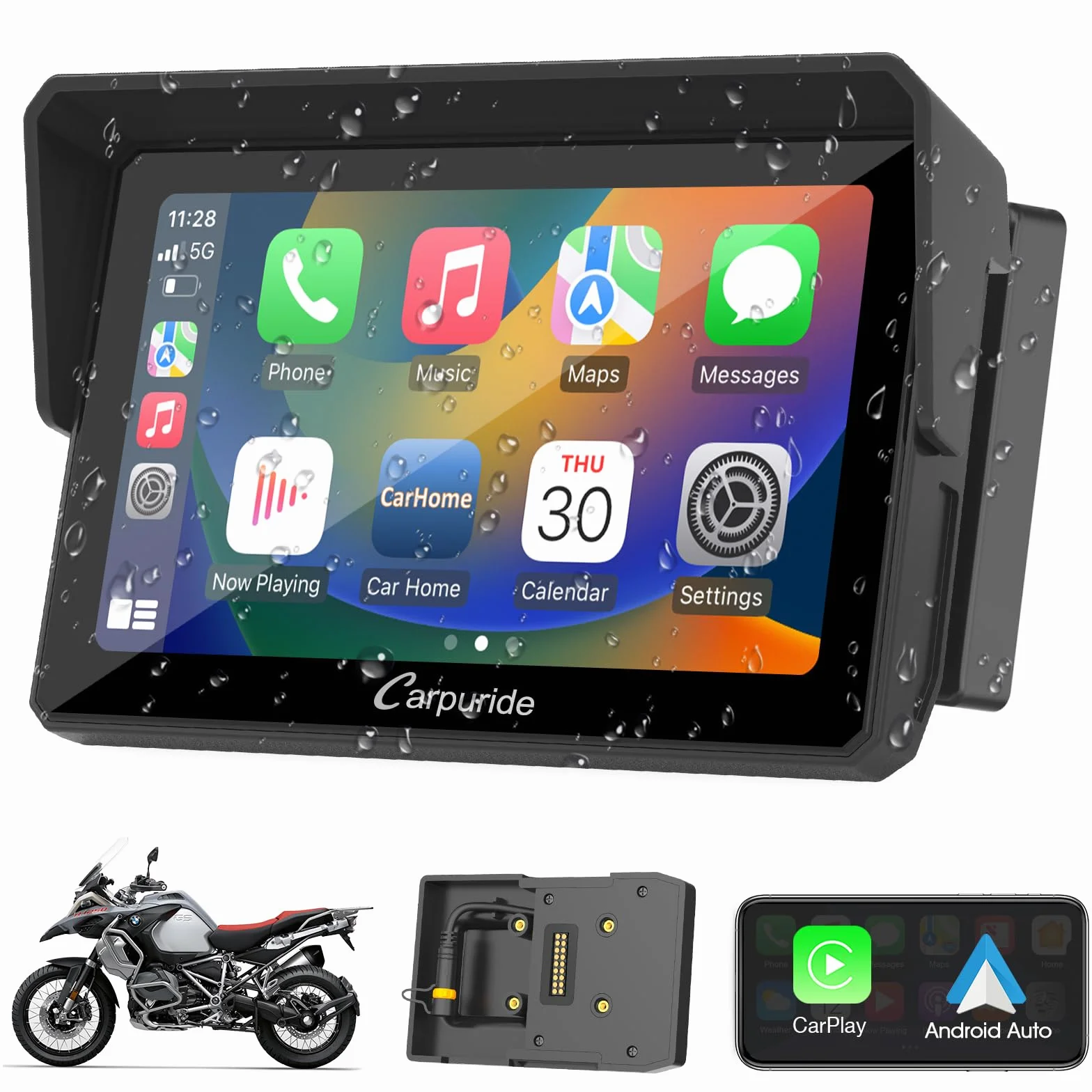 Carpuride W502B Schermo CarPlay 5 Pollici Touchscreen Impermeabile per BMW Moto R1200GS R1250GS S1000XR Navigazione GPS Wireless CarPlay Android Auto Doppio Bluetooth