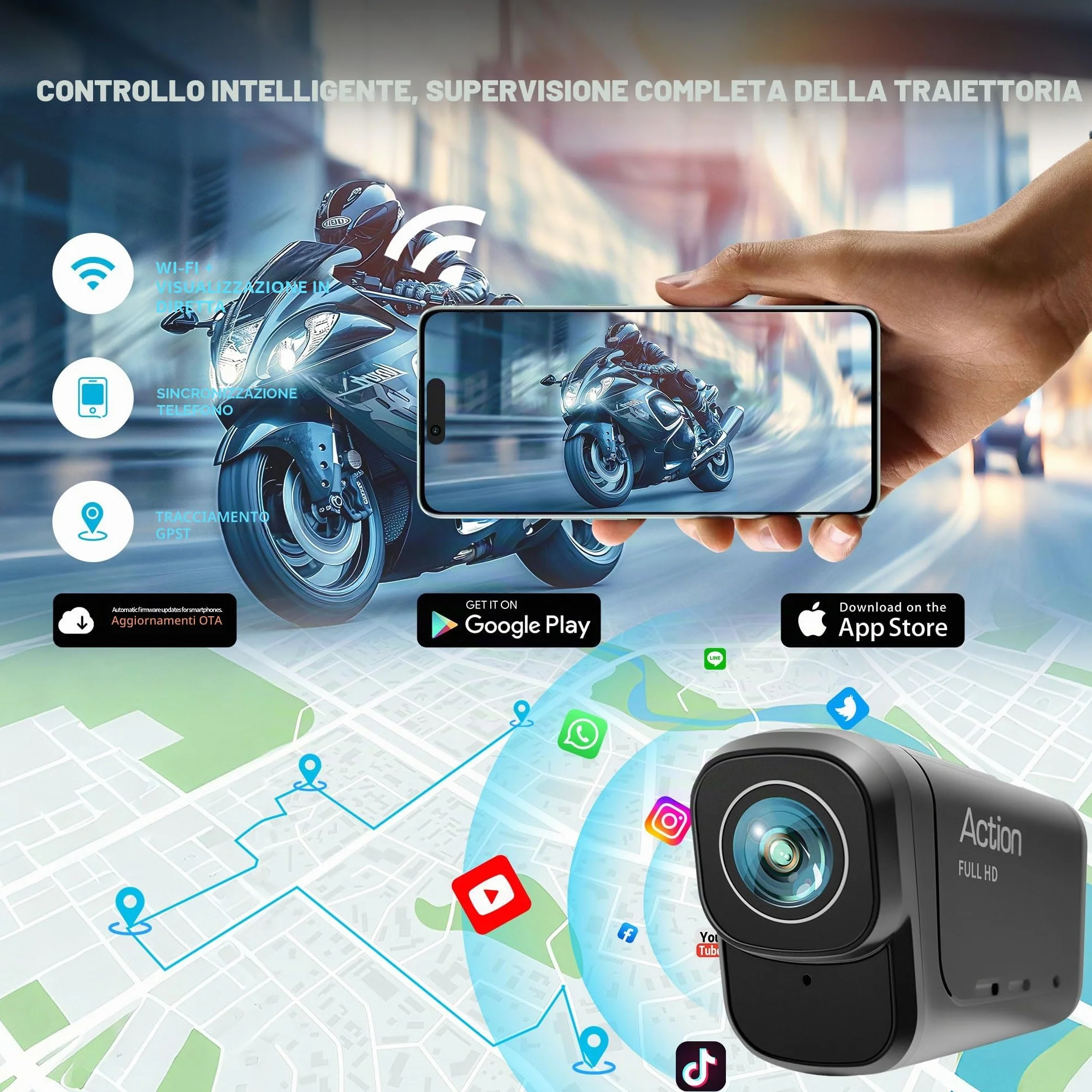 Dashcam Moto 4K+1080P, Doppia Telecamera, Impermeabile IP65, F2,2 Visione Notturna, Action Cam Moto con WiFi GPS, Mini Telecamera con HDR & APP Per Bicicletta