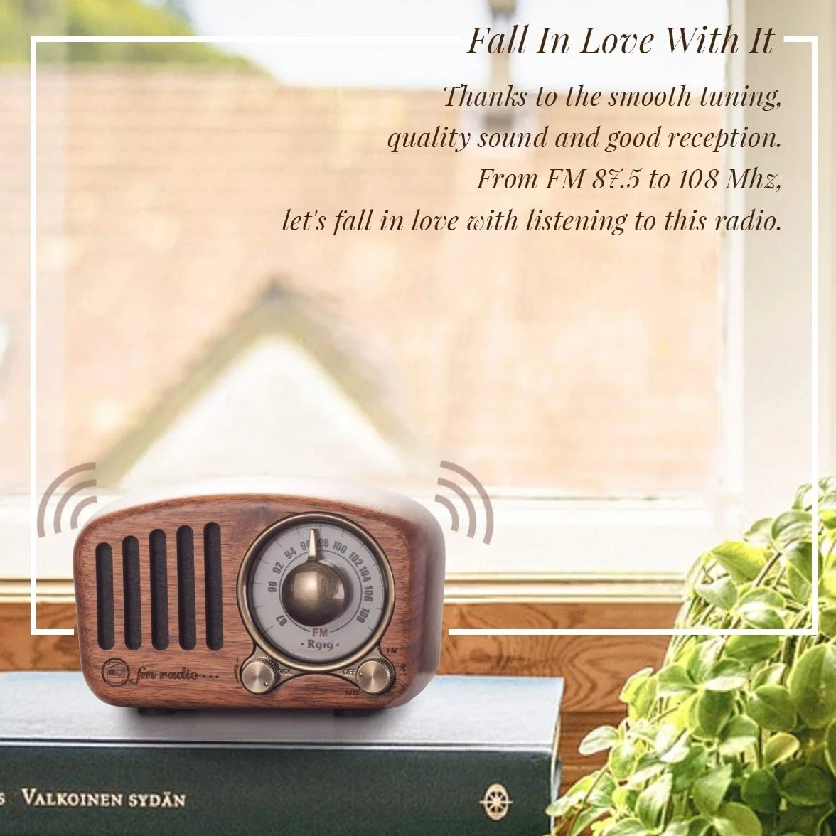 Prunus R-919 Radio Portatile FM Bluetooth Vintage Legno Ricaricabile TF Card AUX