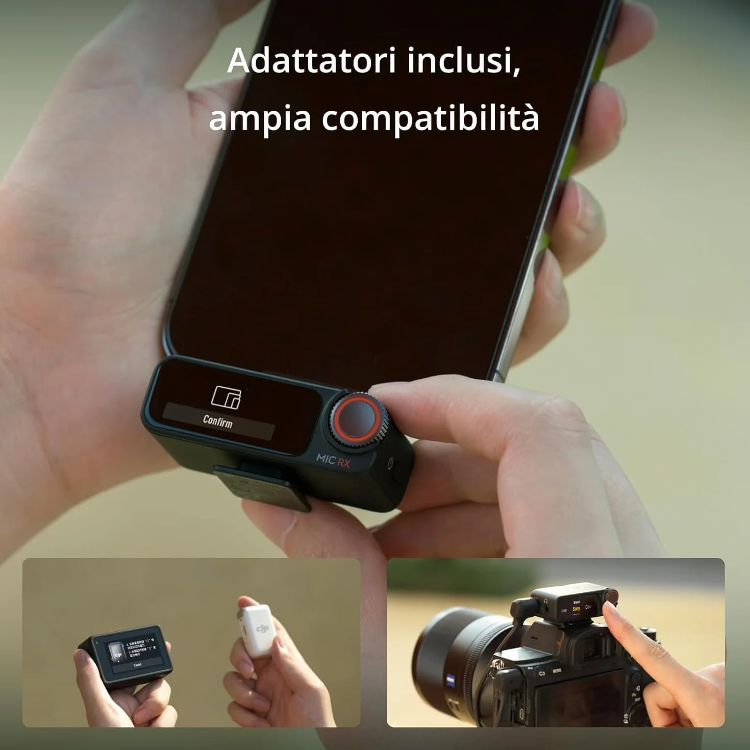 DJI Mic 2 (2 TX + 1 RX + Custodia di ricarica), microfono wireless integrato, eliminazione intelligente del rumore, registrazione interna in float a 32 bit, 250 m di distanza, per iPhone e Android