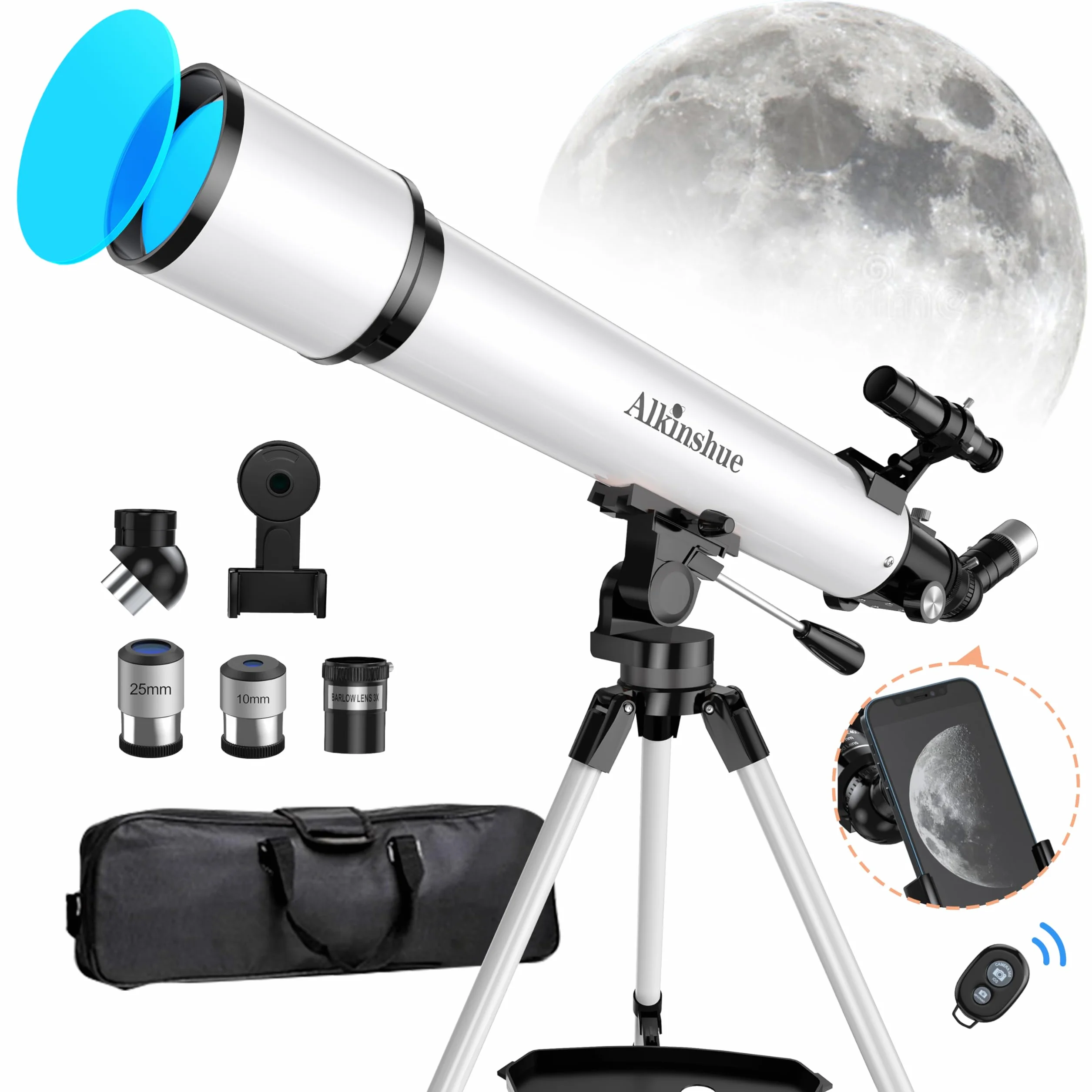 Telescopio Astronomico per Adulti, 80 mm Apertura 800mm AZ Telescopi Rifrattori per Principianti, HD Telescopio Portatile con Regolabile Treppiede, borsa,Adattatore Telefonico