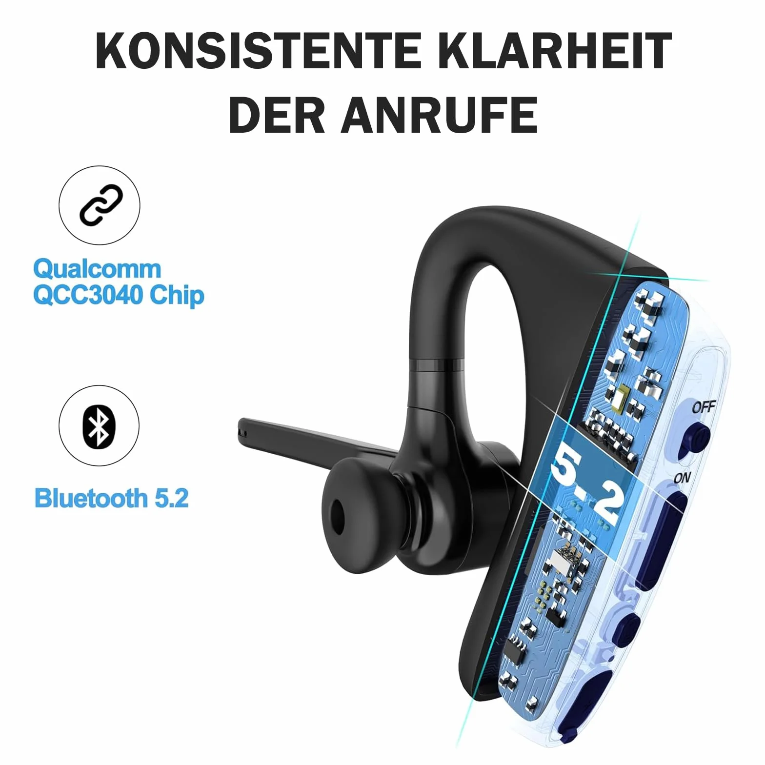 Conambo Auricolare Bluetooth senza fili V5.２, K10C Auricolare Bluetooth monofonico con cancellazione del rumore CVC 8.0 e ENC per la guida e il lavoro, 16 ore di conversazione